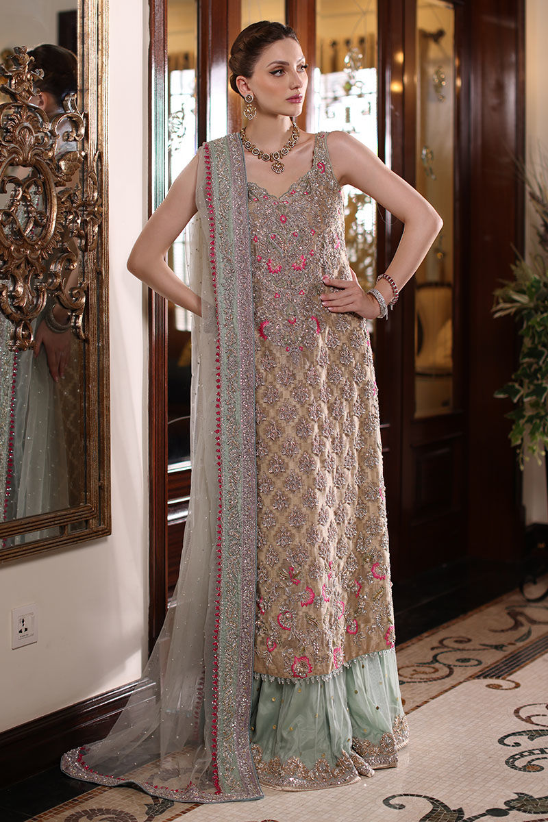 Pakistani Beige Hand-Embroidered Cotton Net Kameez with Lehenga (3-Piece) - Image 5