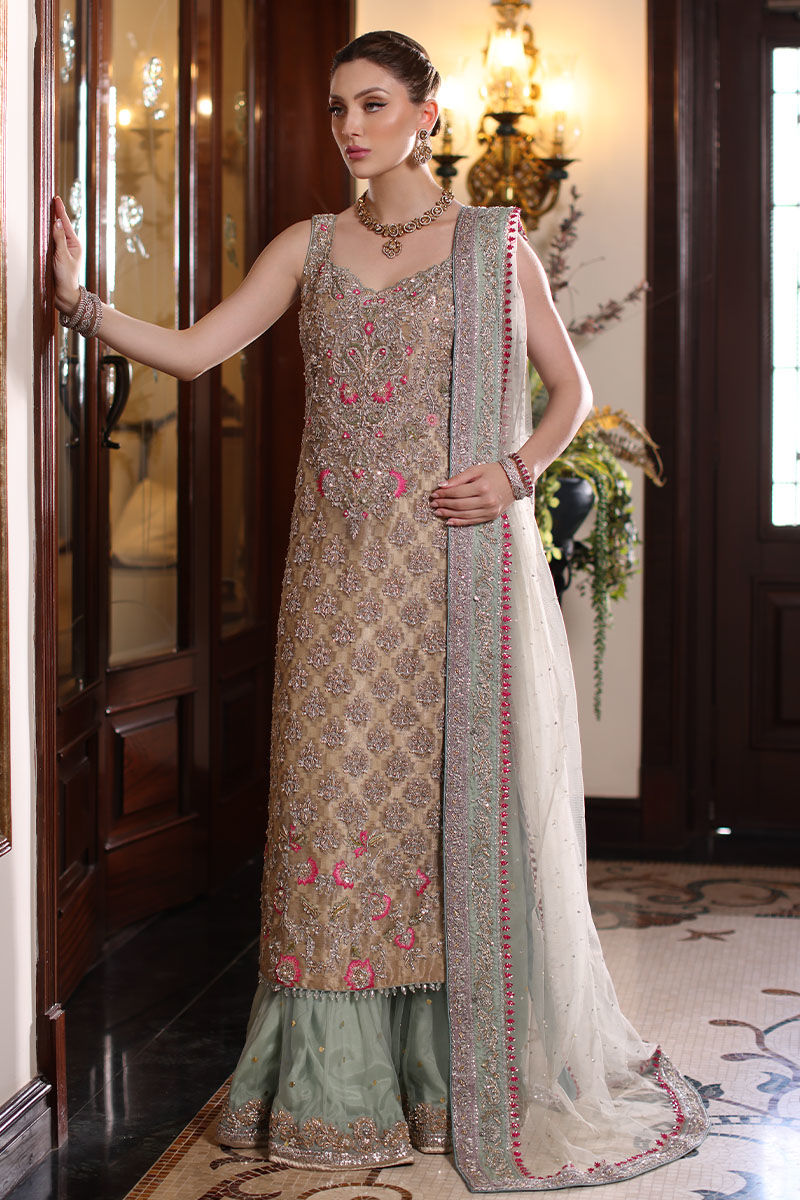 Pakistani Beige Hand-Embroidered Cotton Net Kameez with Lehenga (3-Piece) - Image 6