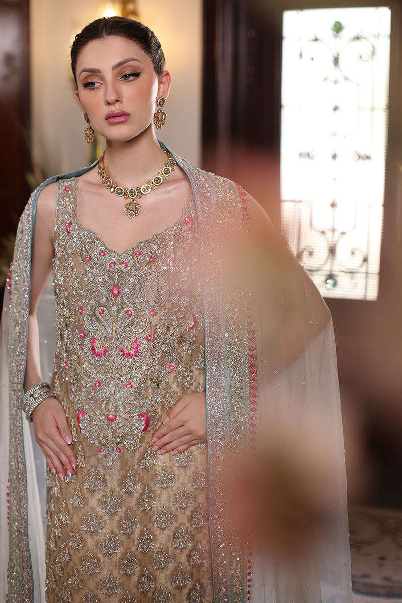 Pakistani Beige Hand-Embroidered Cotton Net Kameez with Lehenga (3-Piece) - Image 8