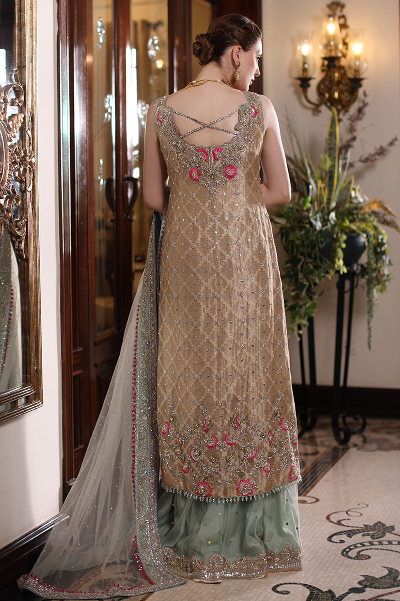 Pakistani Beige Hand-Embroidered Cotton Net Kameez with Lehenga (3-Piece) - Image 9