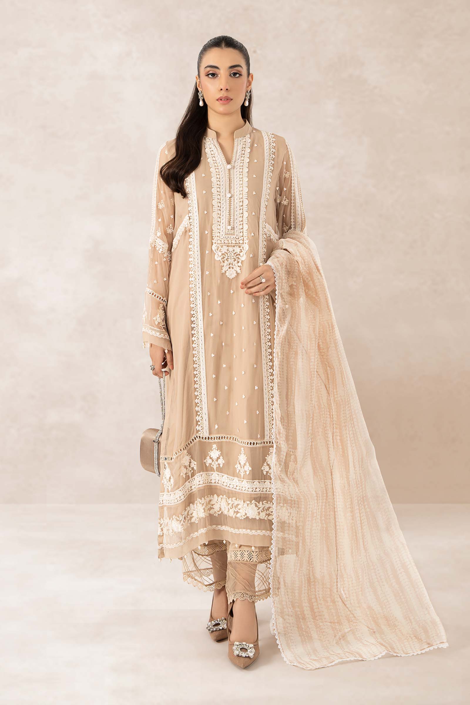 Pakistani Beige Embroidered Crinkle Chiffon 3-Piece Suit - Image 1