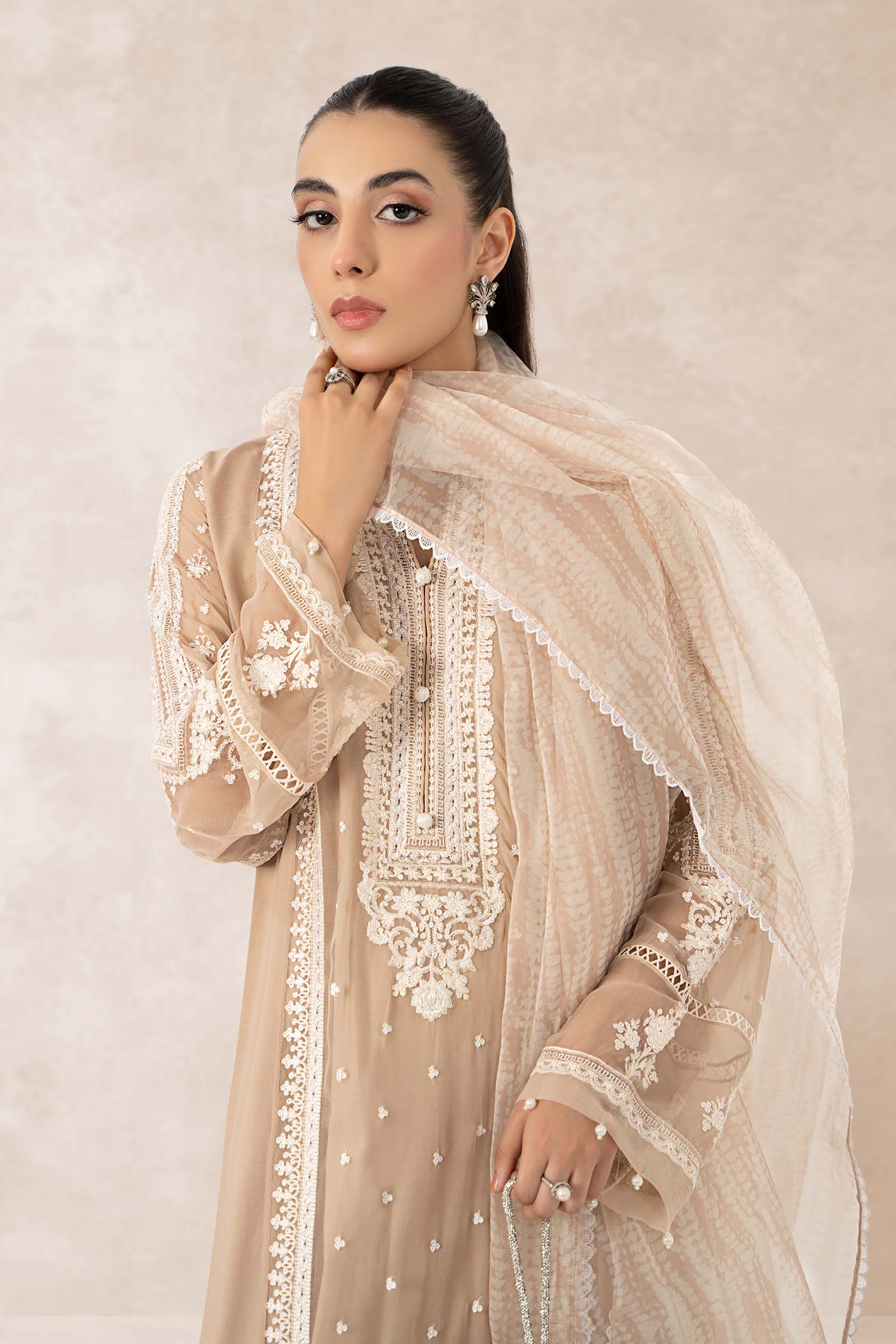 Pakistani Beige Embroidered Crinkle Chiffon 3-Piece Suit - Image 2