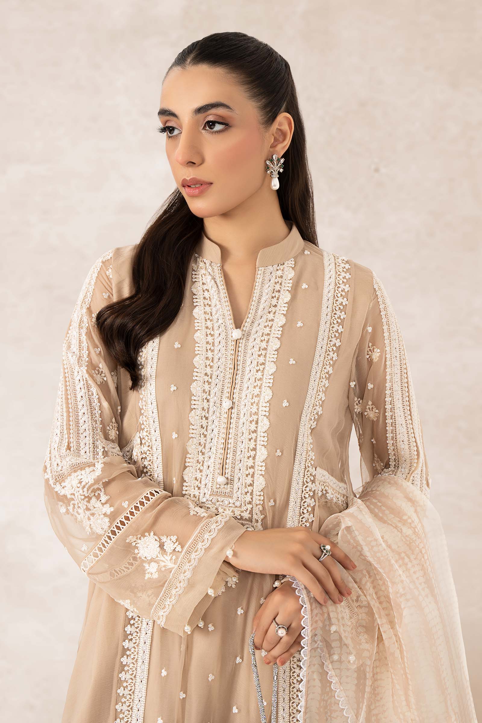 Pakistani Beige Embroidered Crinkle Chiffon 3-Piece Suit - Image 3