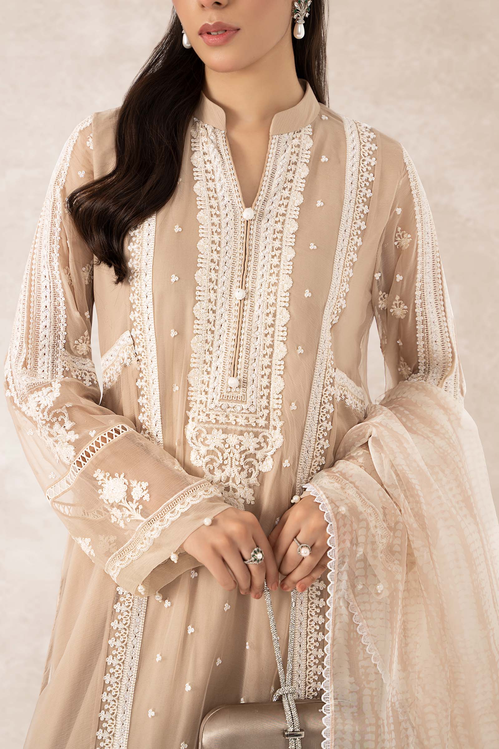 Pakistani Beige Embroidered Crinkle Chiffon 3-Piece Suit - Image 4