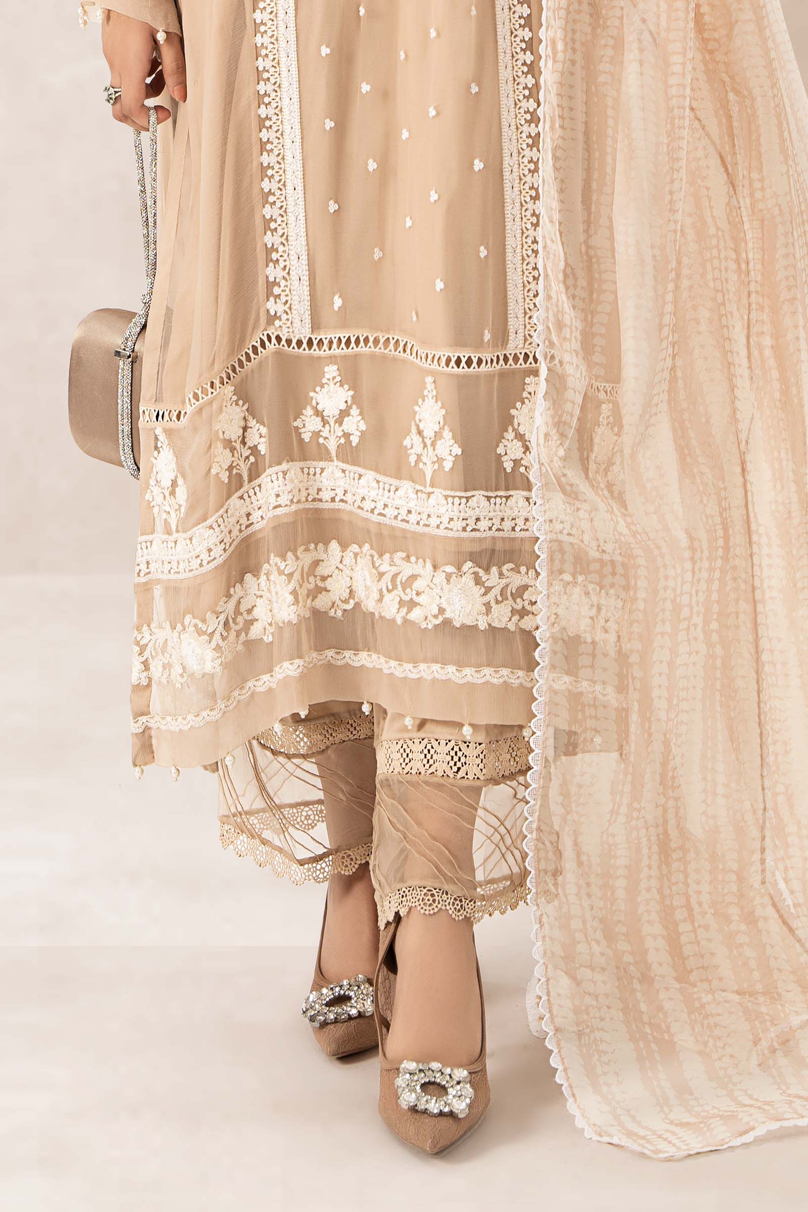 Pakistani Beige Embroidered Crinkle Chiffon 3-Piece Suit - Image 5