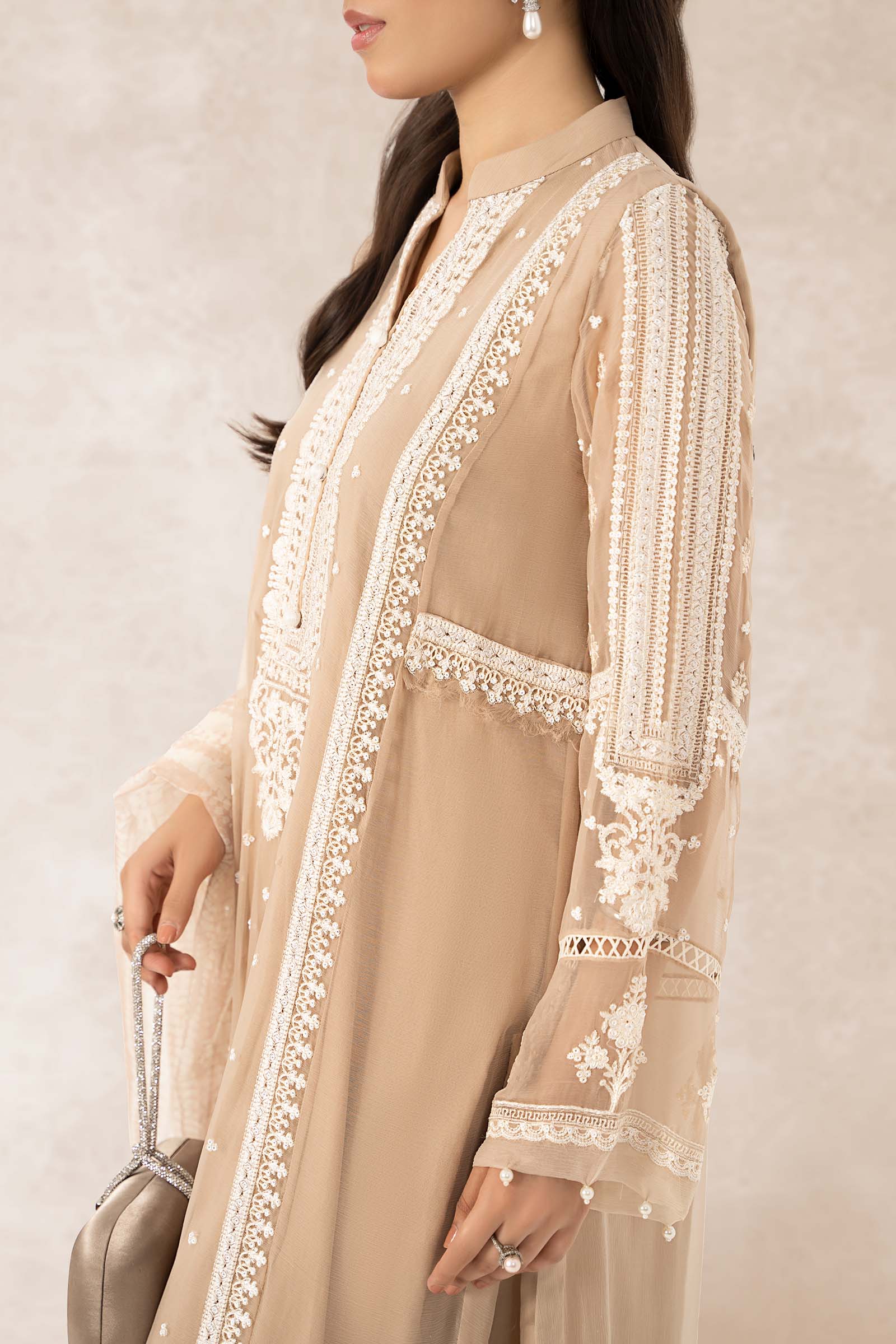 Pakistani Beige Embroidered Crinkle Chiffon 3-Piece Suit - Image 6