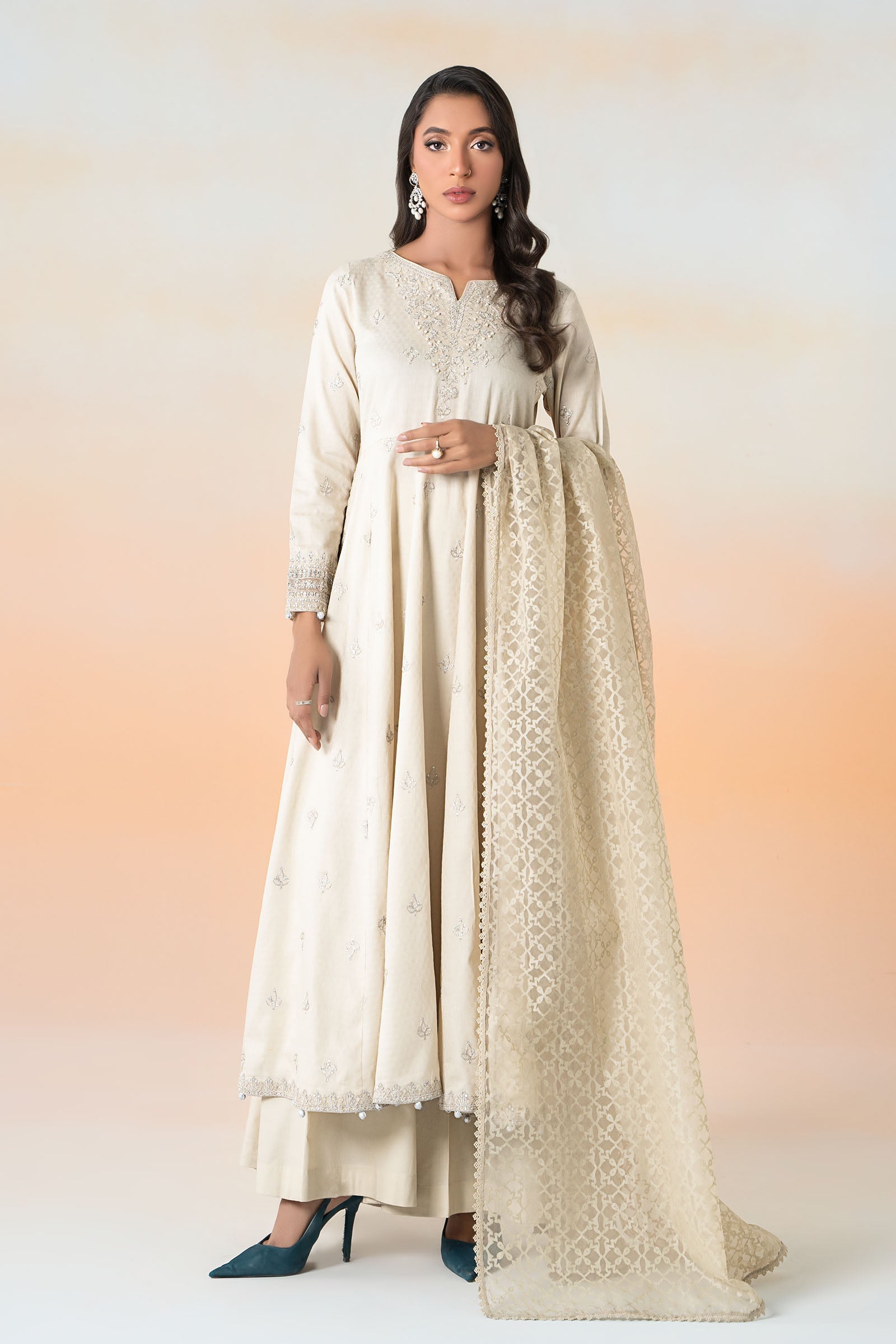 Beige Embroidered Dobby Lawn Salwar Kameez (3-Piece) - Image 1