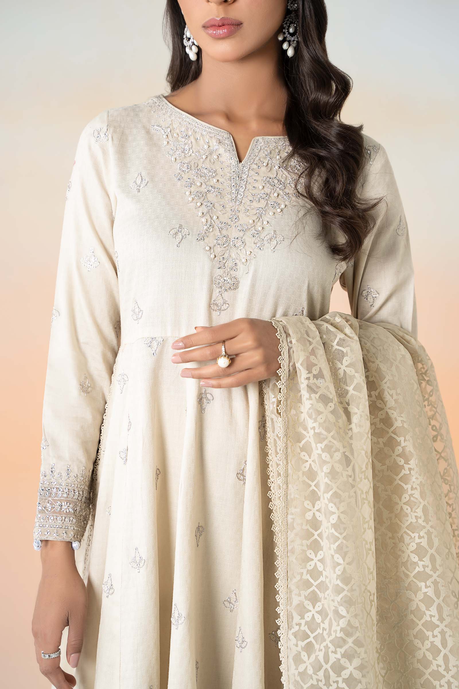 Beige Embroidered Dobby Lawn Salwar Kameez (3-Piece) - Image 3