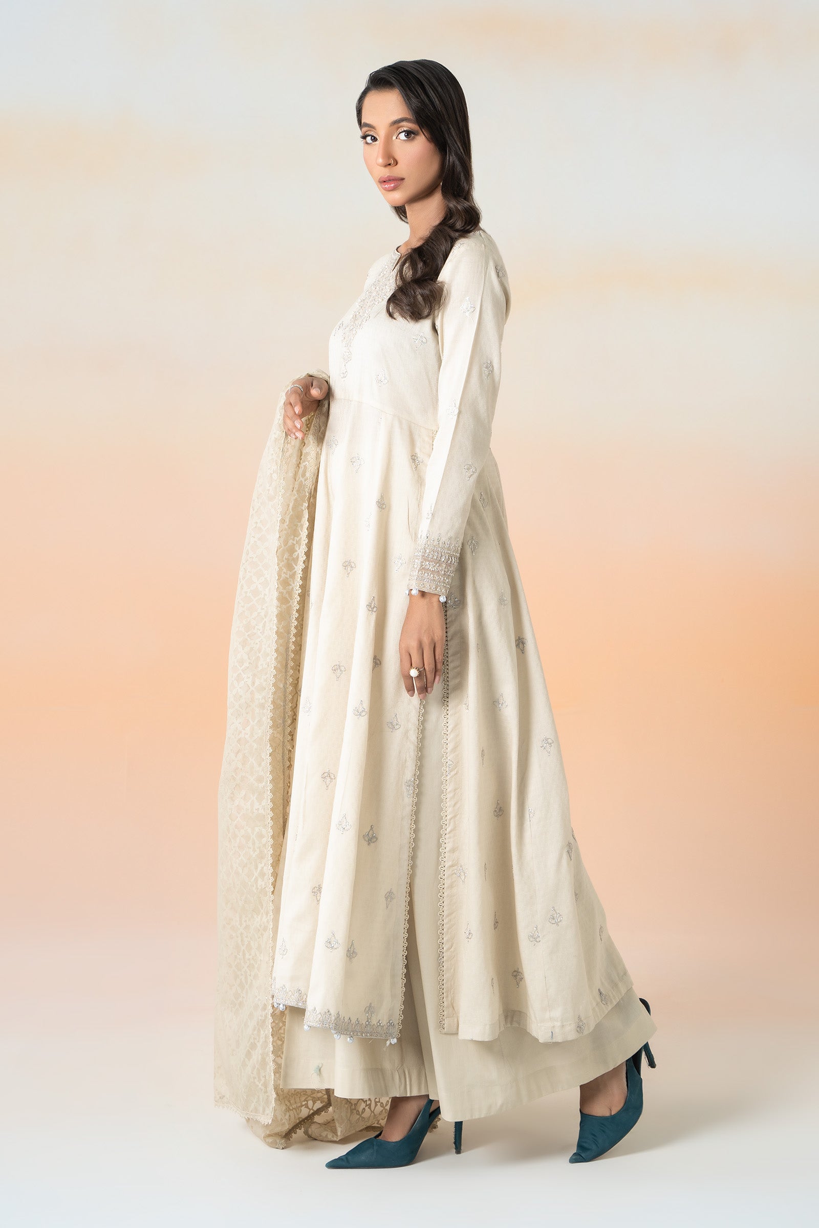 Beige Embroidered Dobby Lawn Salwar Kameez (3-Piece) - Image 5