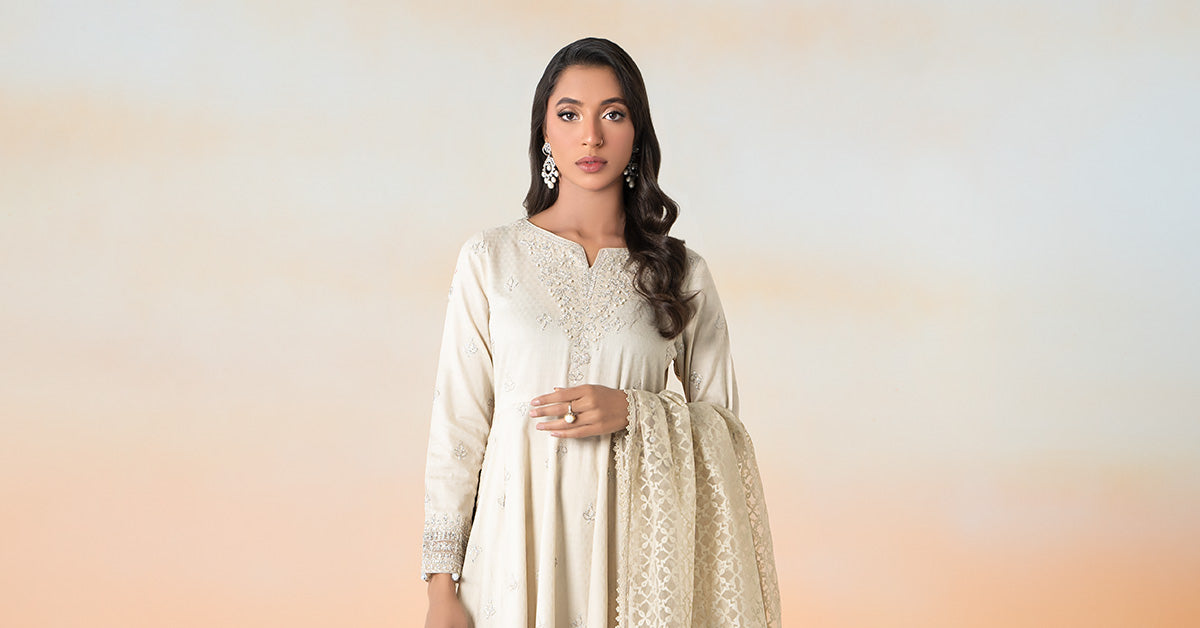 Beige Embroidered Dobby Lawn Salwar Kameez (3-Piece) - Image 7