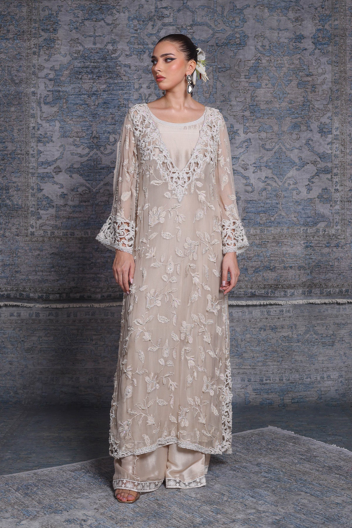 Beige Cutwork Sequin Georgette Silk Kameez (2-Piece) - Image 1