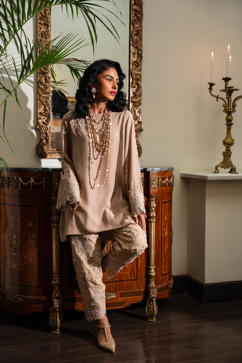 Taupe 3D Embroidered Silk Kurta & Velvet Shalwar (2-Piece) - Image 1