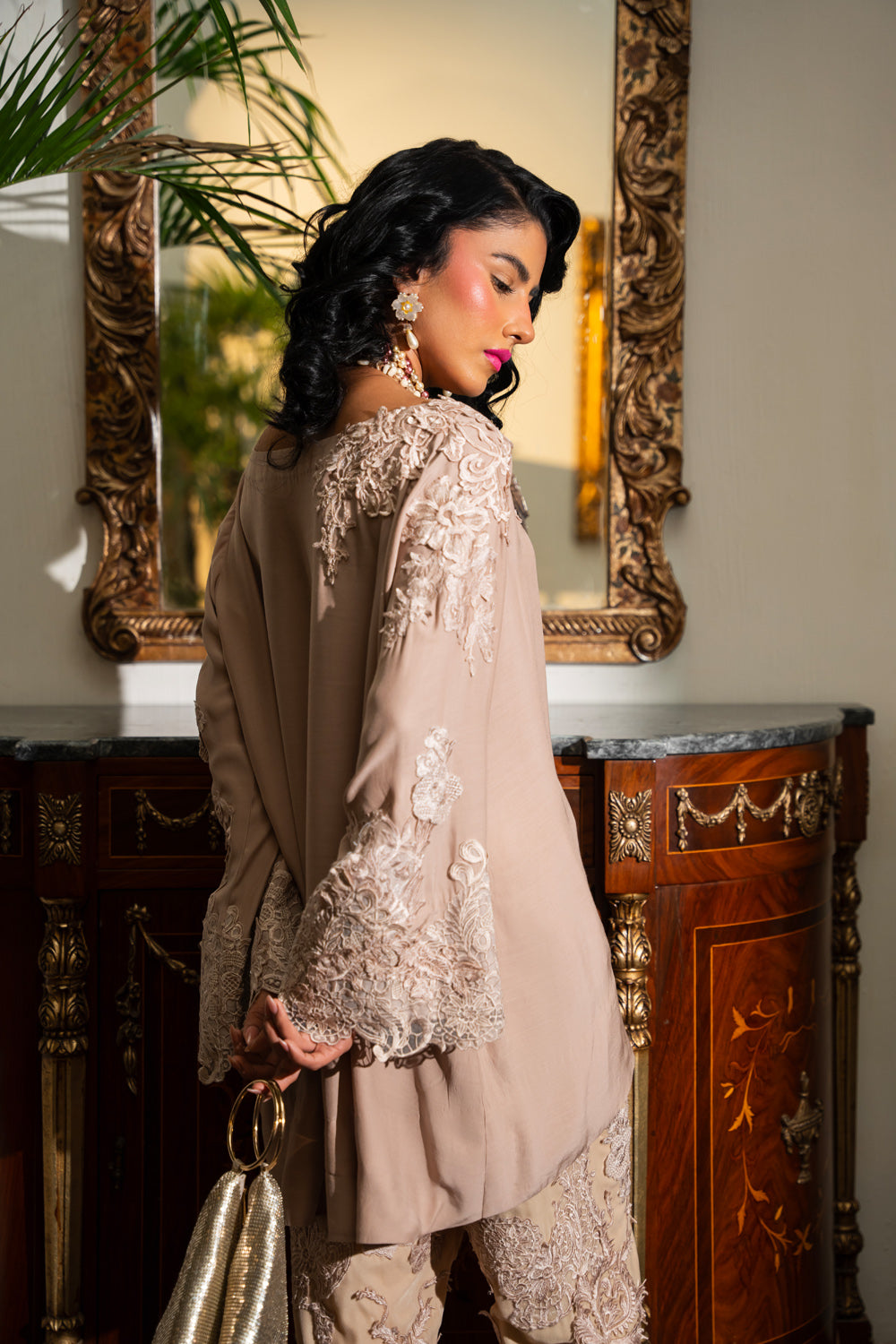 Taupe 3D Embroidered Silk Kurta & Velvet Shalwar (2-Piece) - Image 2