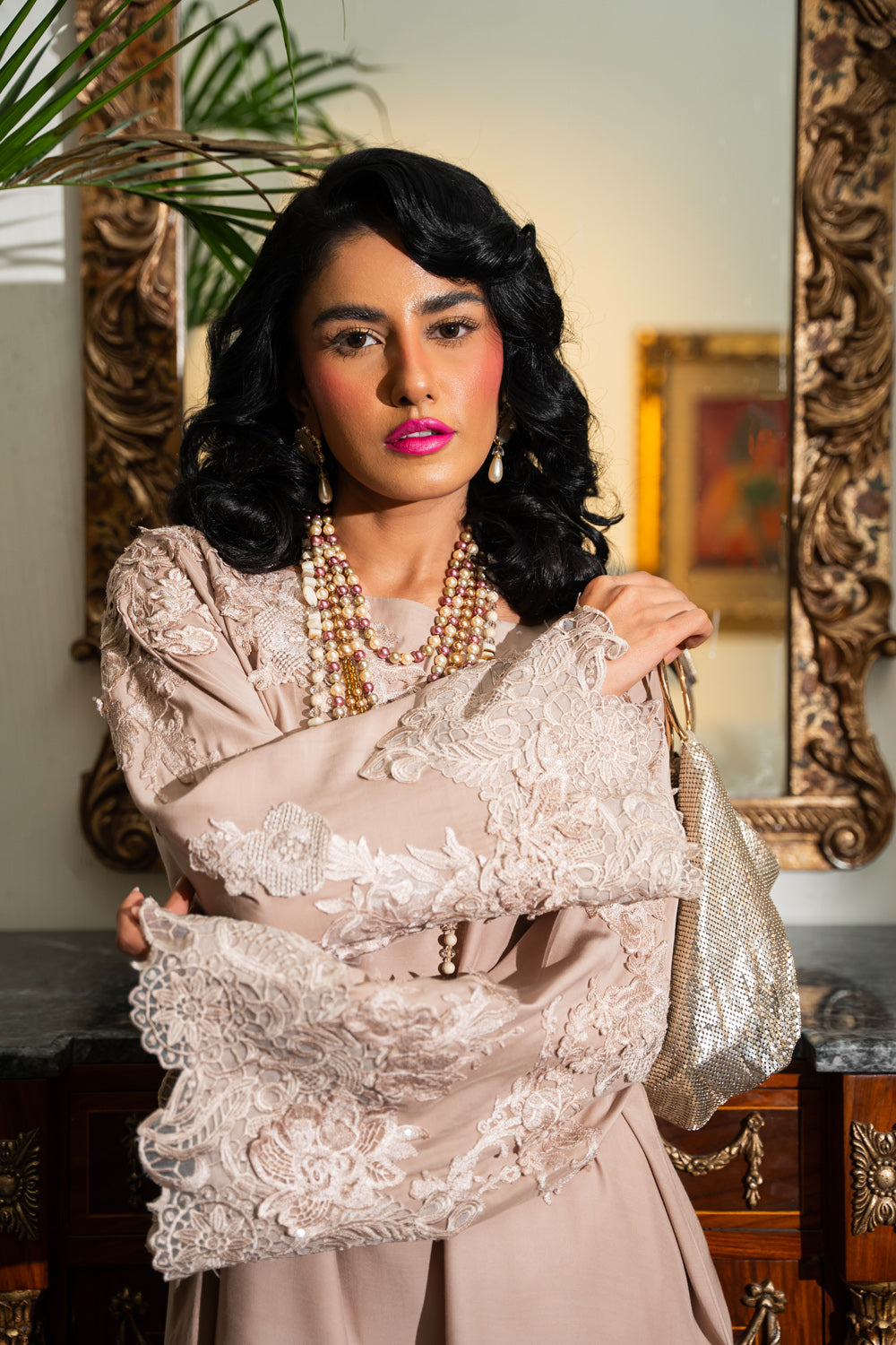 Taupe 3D Embroidered Silk Kurta & Velvet Shalwar (2-Piece) - Image 3