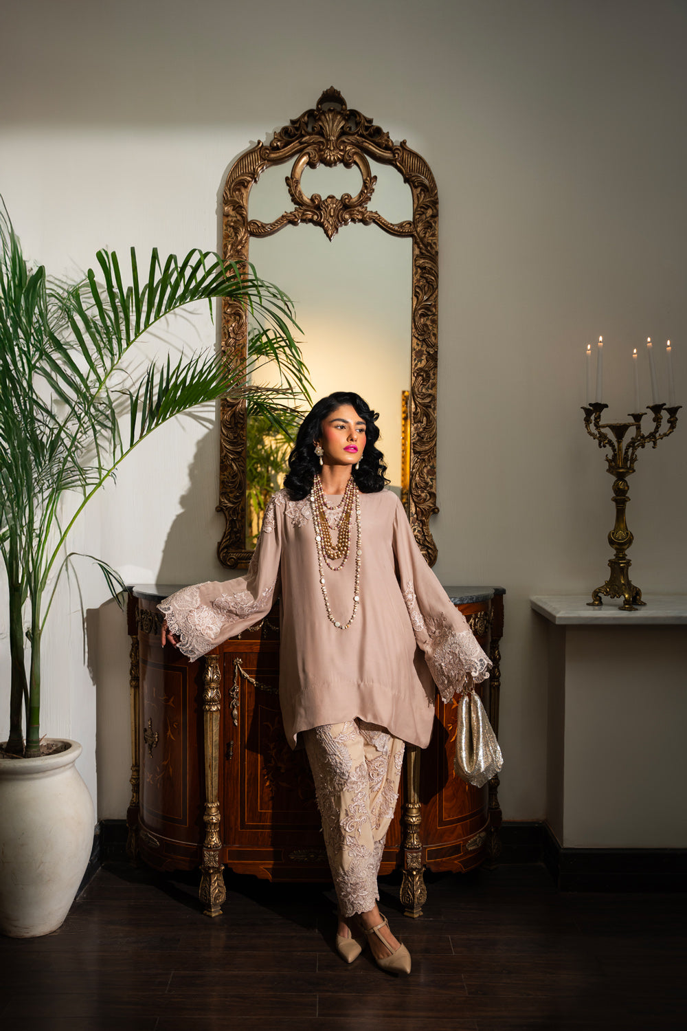 Taupe 3D Embroidered Silk Kurta & Velvet Shalwar (2-Piece) - Image 6