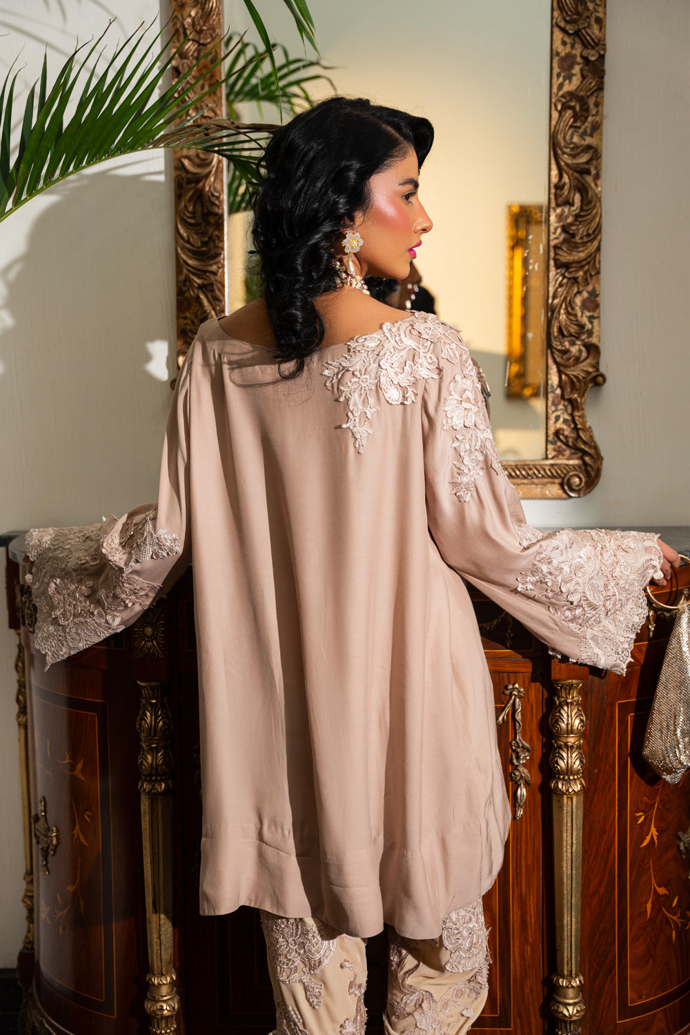 Taupe 3D Embroidered Silk Kurta & Velvet Shalwar (2-Piece) - Image 7