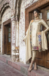 Parfait Beige Embroidered Jamawar Silk Salwar Kameez (3-Piece) - Image 5