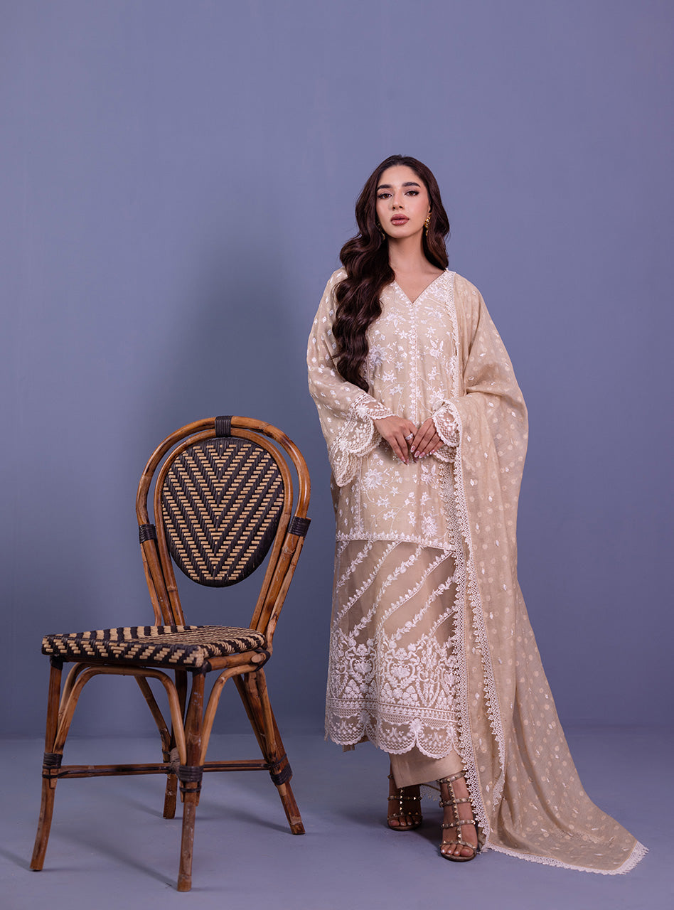 Beige Embroidered Khaddi Net Salwar Kameez (3-Piece) - Image 1