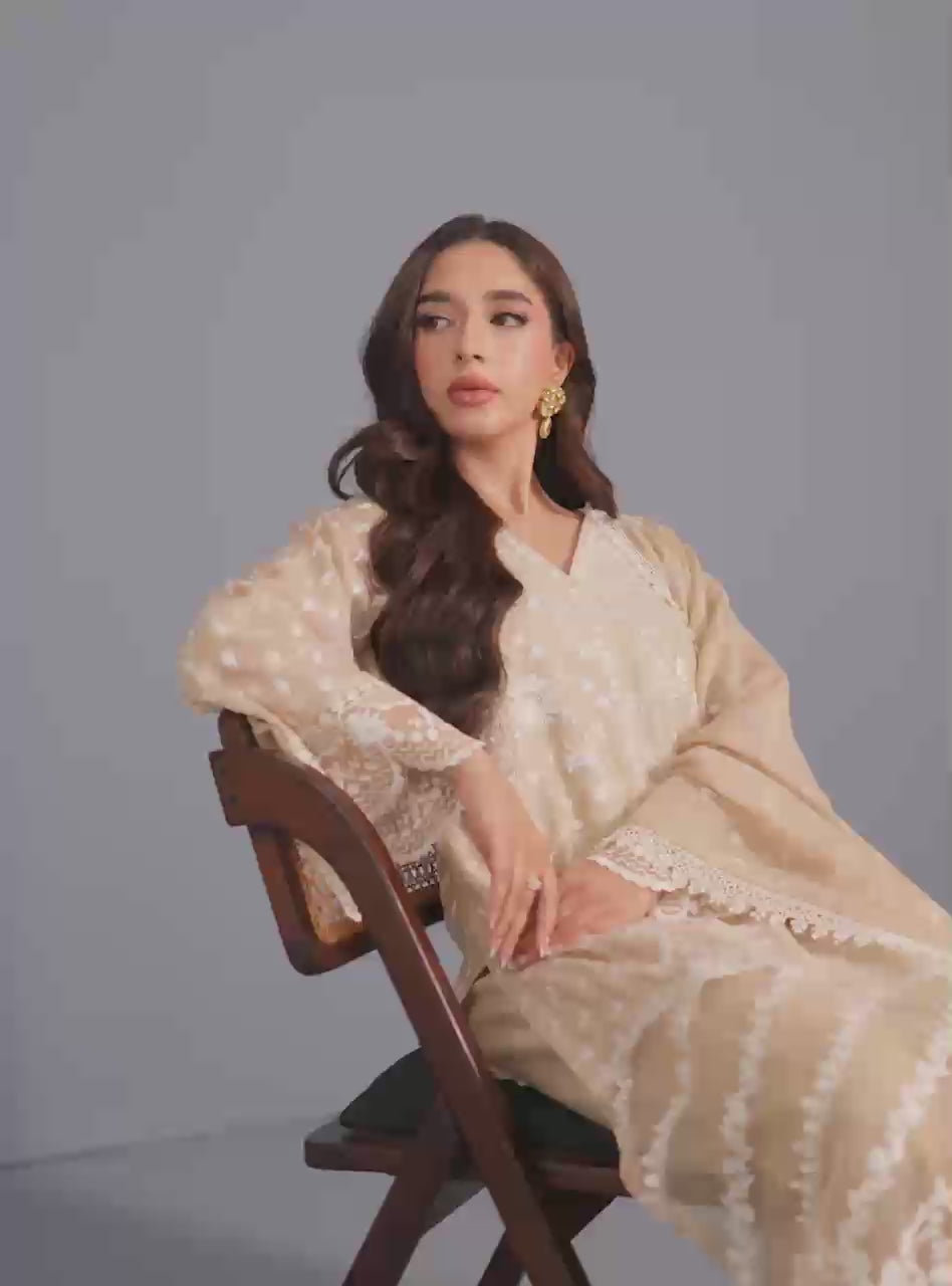 Beige Embroidered Khaddi Net Salwar Kameez (3-Piece) - Image 2