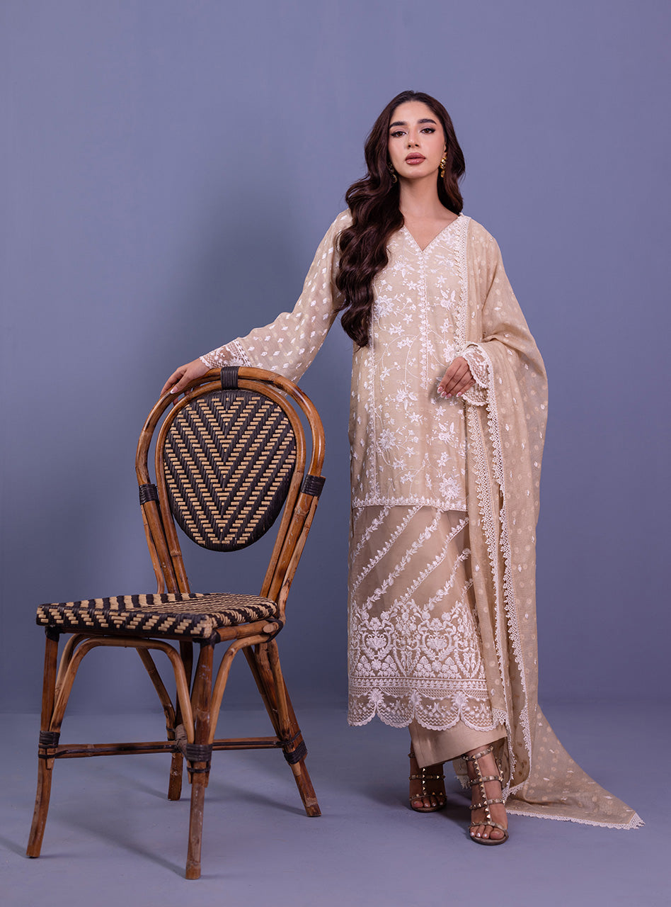 Beige Embroidered Khaddi Net Salwar Kameez (3-Piece) - Image 6