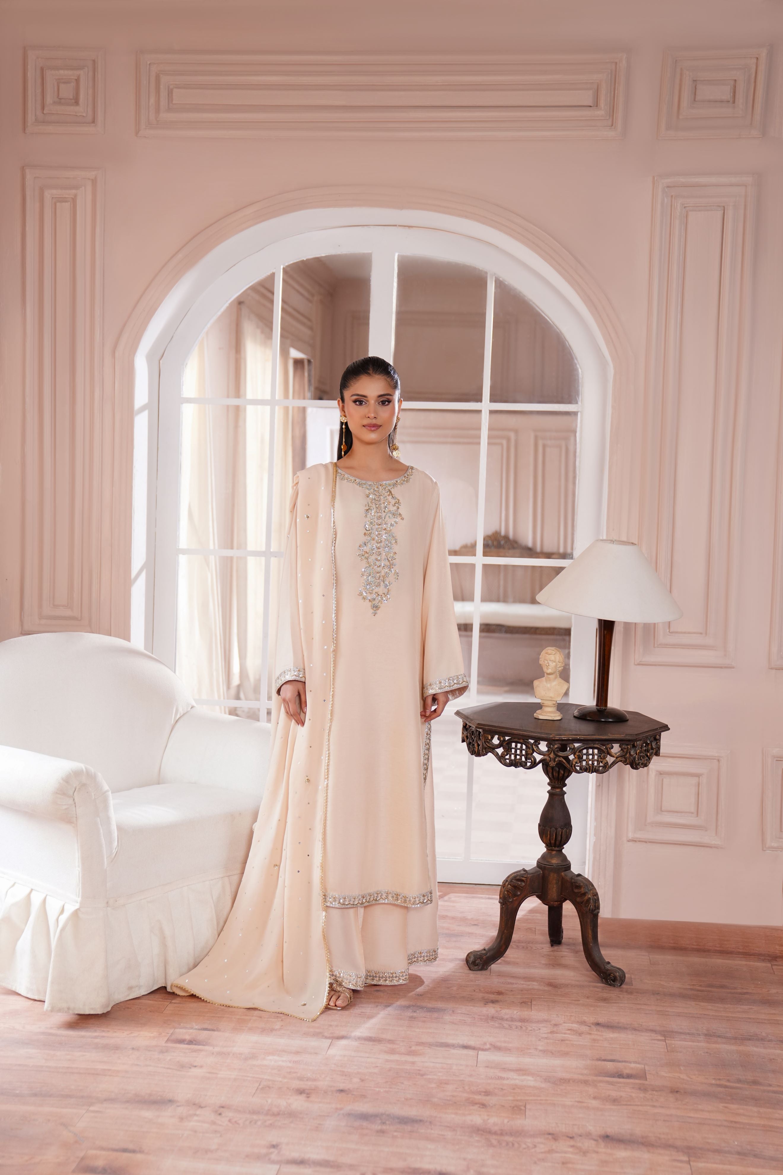 Bisque Beige Hand Embroidered Korean Silk Salwar Kameez (3-Piece) - Image 1