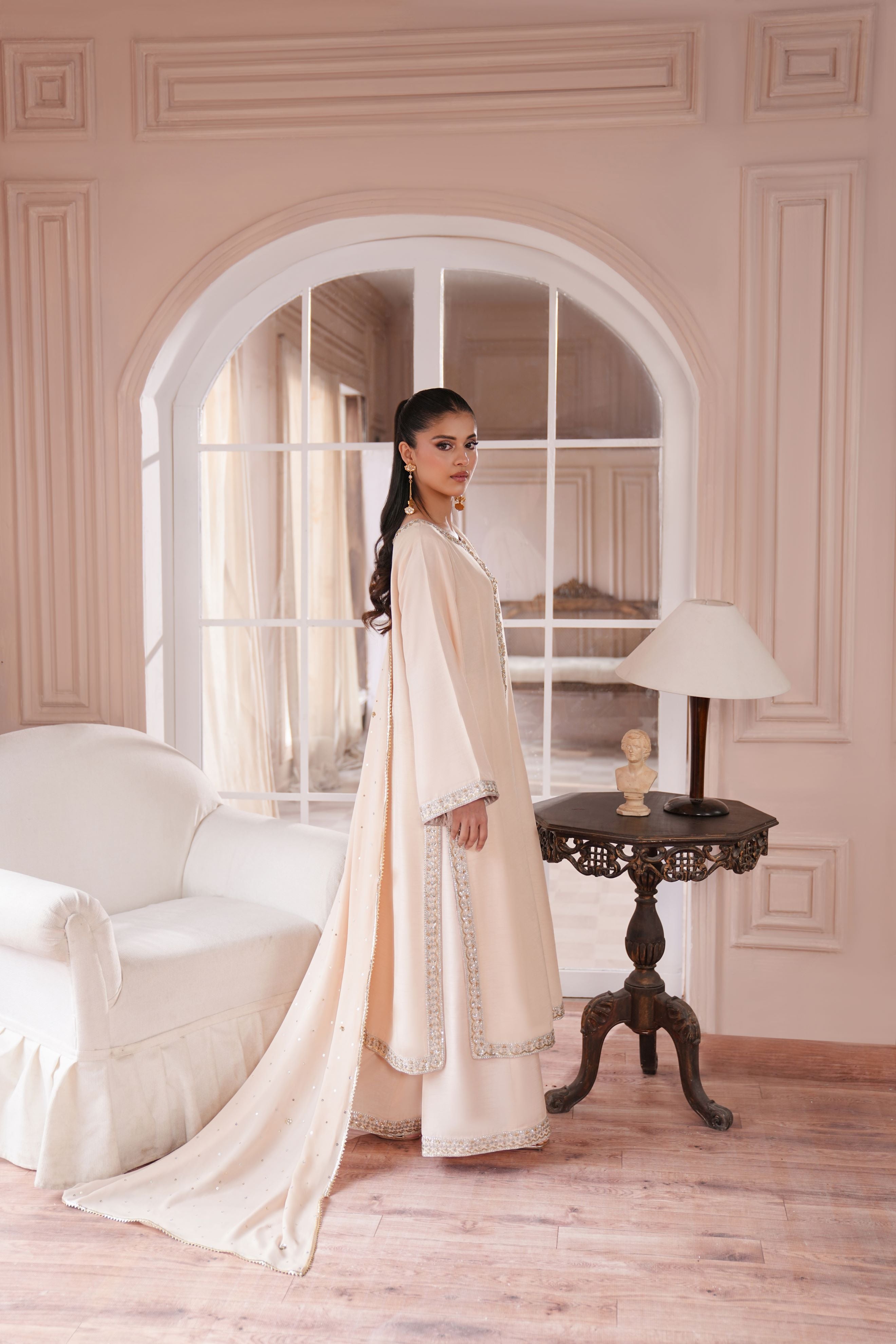 Bisque Beige Hand Embroidered Korean Silk Salwar Kameez (3-Piece) - Image 3