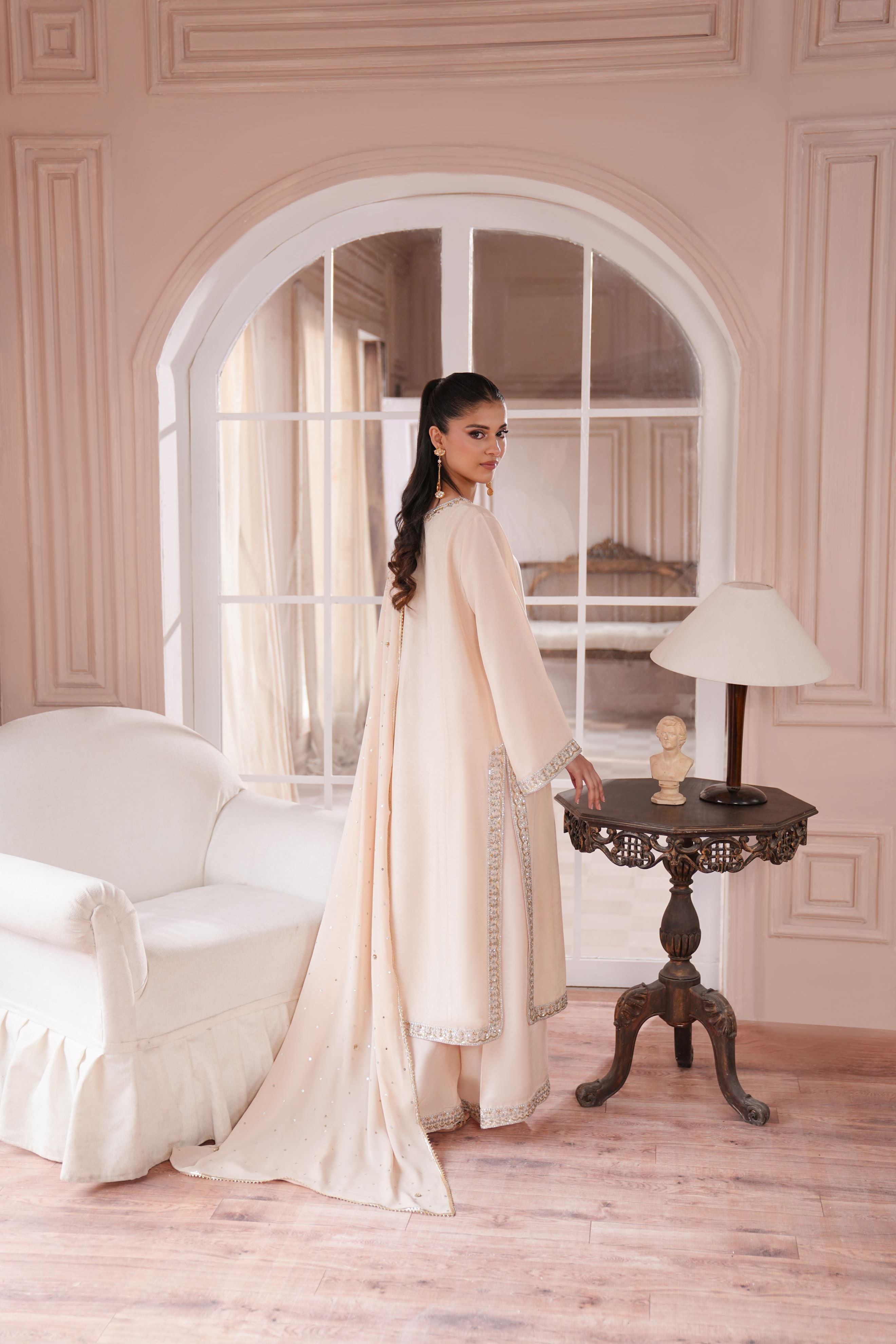 Bisque Beige Hand Embroidered Korean Silk Salwar Kameez (3-Piece) - Image 4