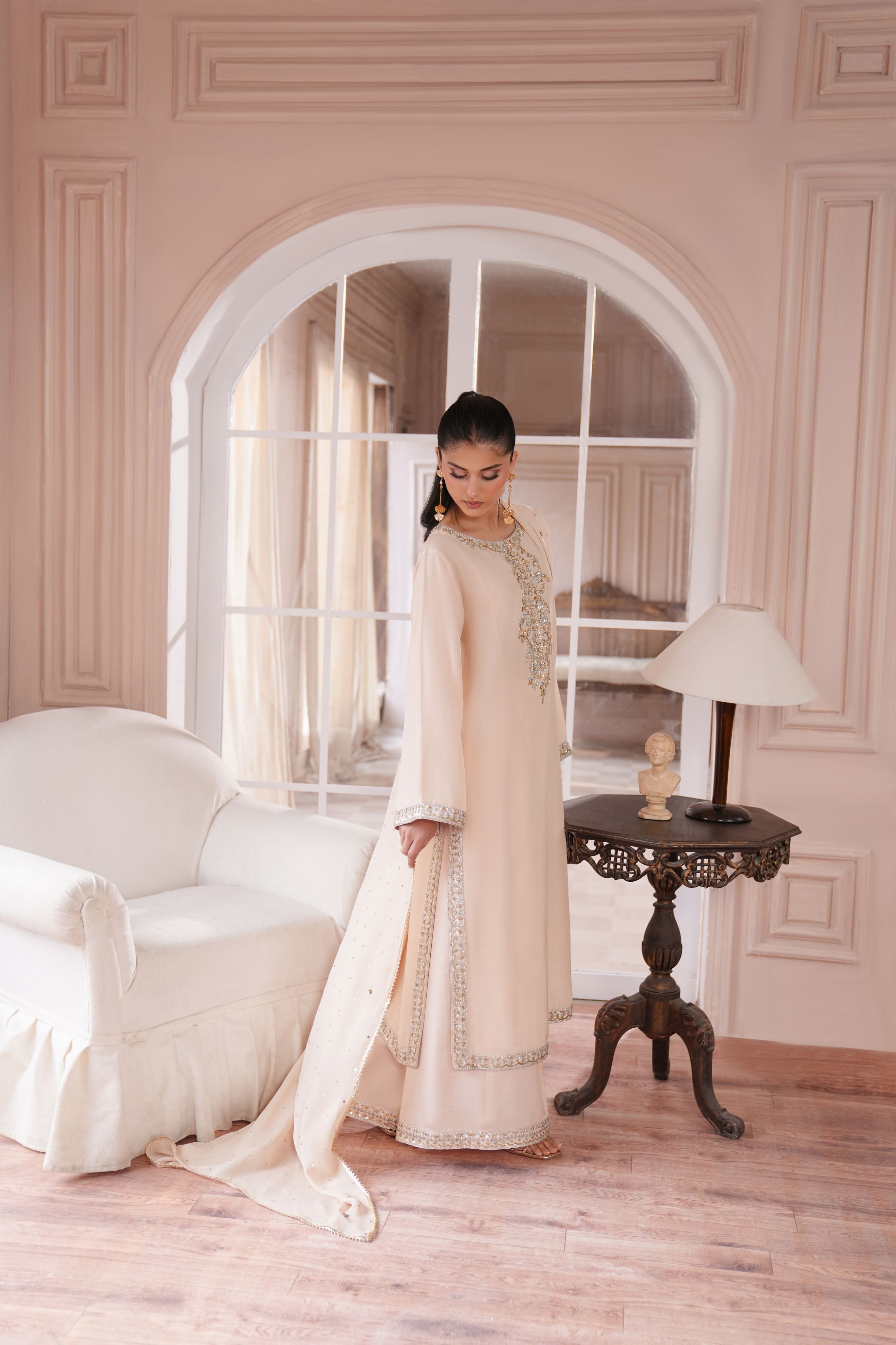 Bisque Beige Hand Embroidered Korean Silk Salwar Kameez (3-Piece) - Image 5