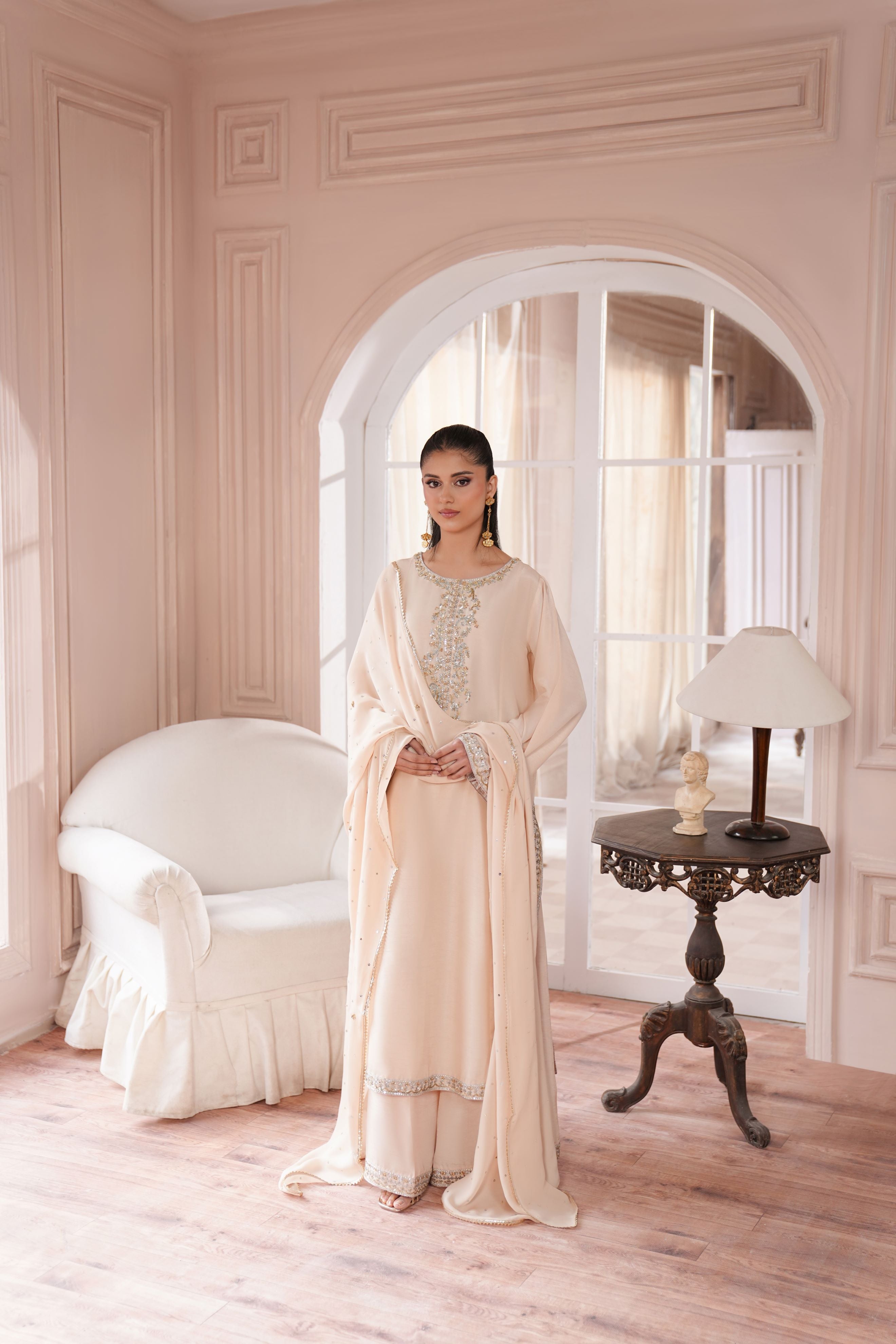 Bisque Beige Hand Embroidered Korean Silk Salwar Kameez (3-Piece) - Image 6
