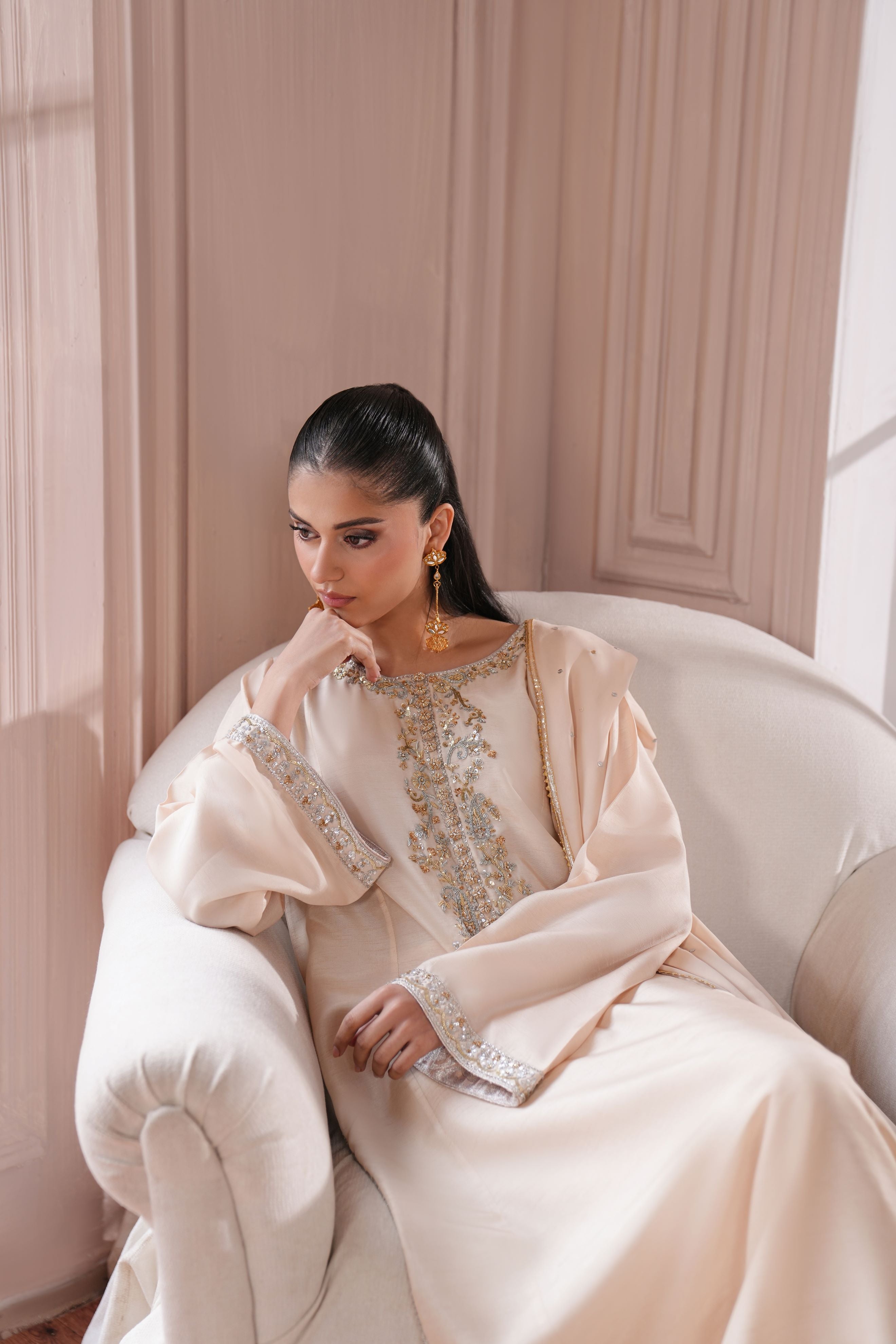 Bisque Beige Hand Embroidered Korean Silk Salwar Kameez (3-Piece) - Image 7