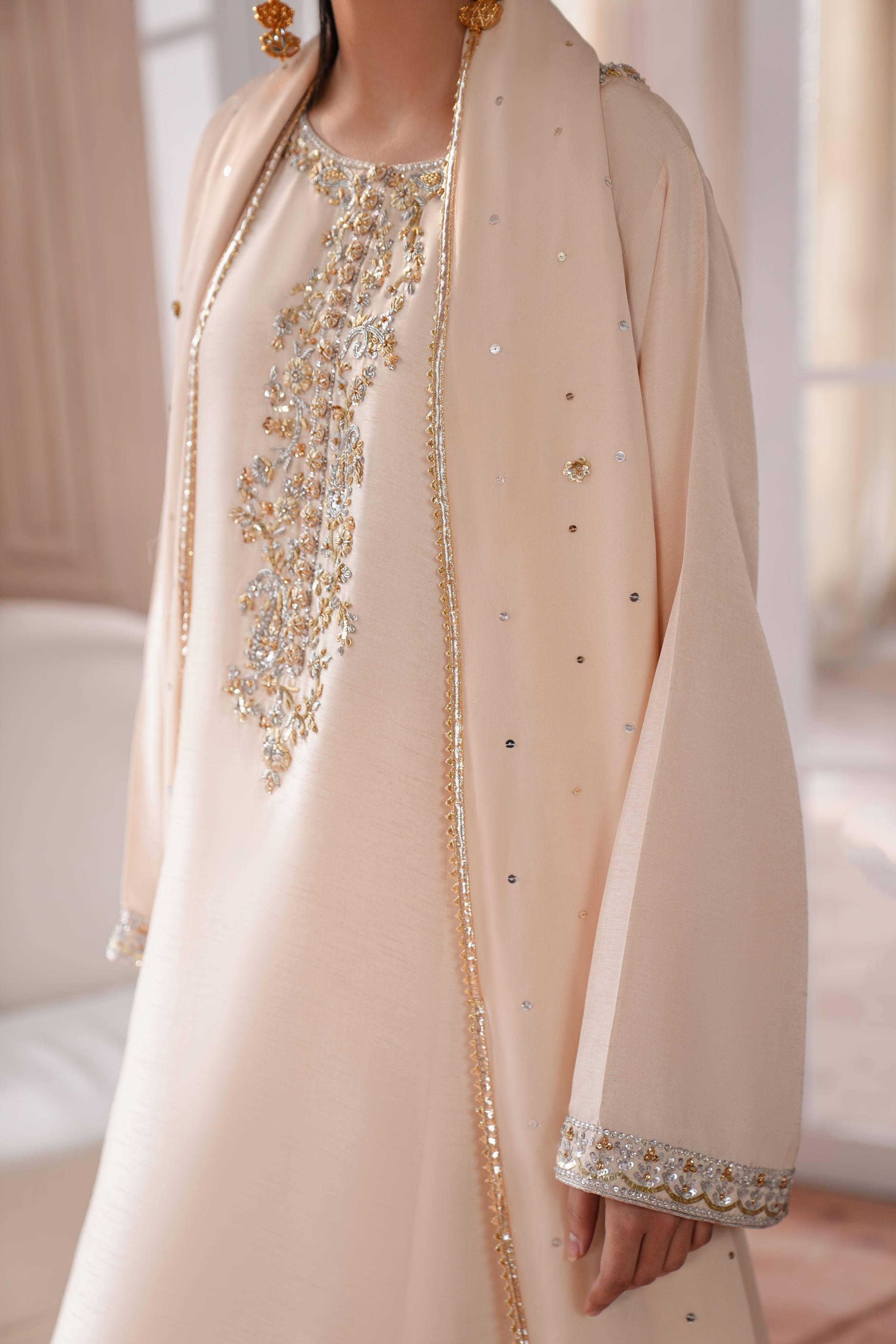 Bisque Beige Hand Embroidered Korean Silk Salwar Kameez (3-Piece) - Image 8