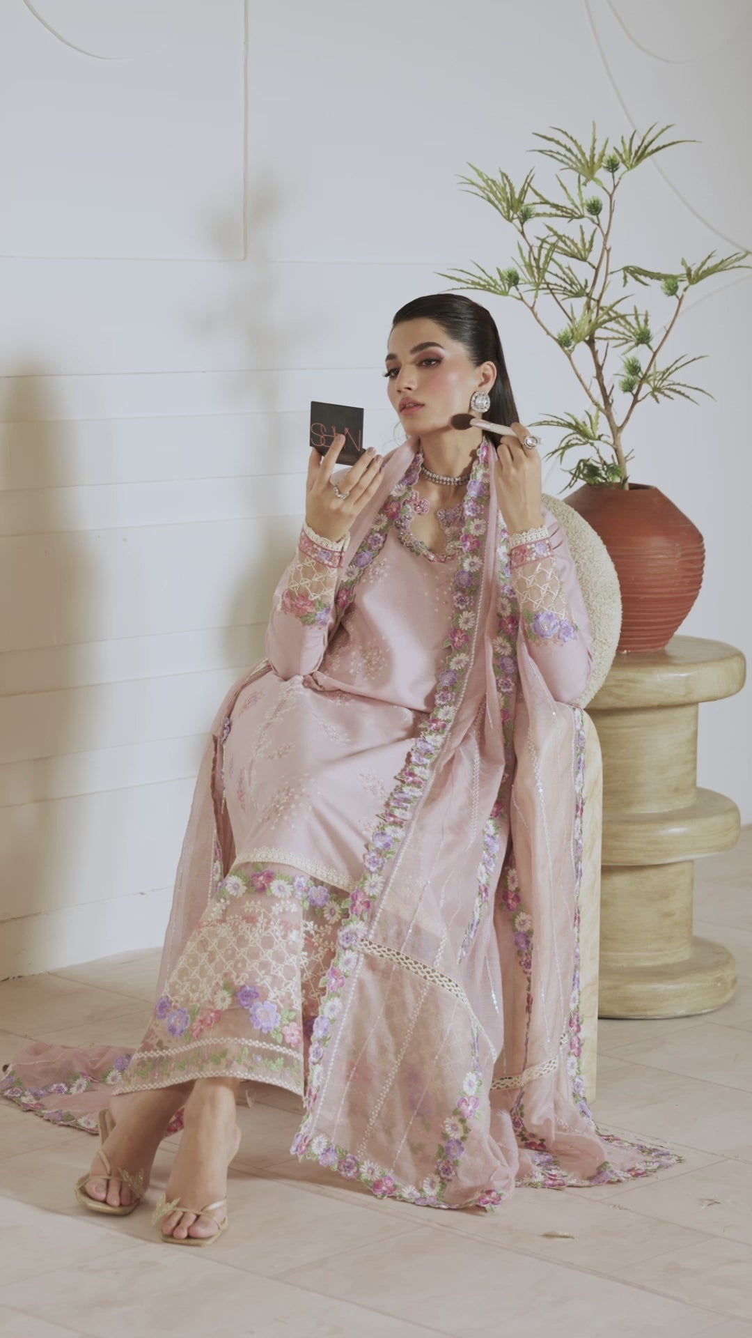 Nude Beige Embroidered Loom Cotton Net Salwar Kameez (3-Piece) - Image 9