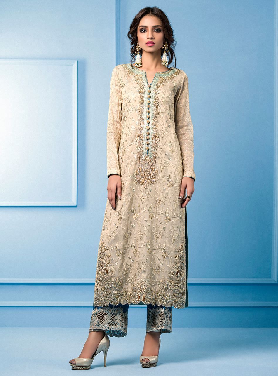 Beige Maysuri Embroidered Long Shirt with Teal Ijar (2-Piece) - Image 1