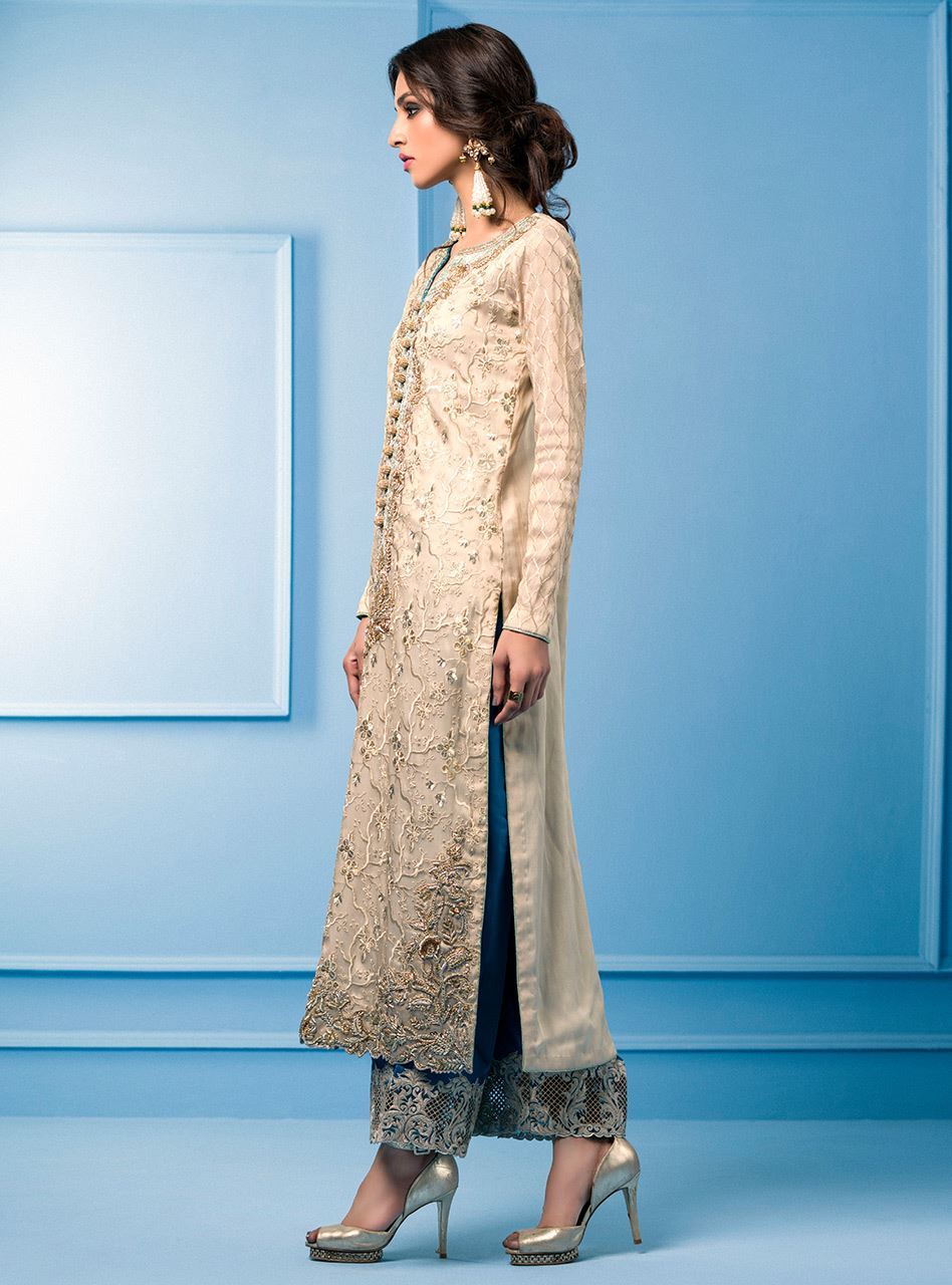Beige Maysuri Embroidered Long Shirt with Teal Ijar (2-Piece) - Image 2