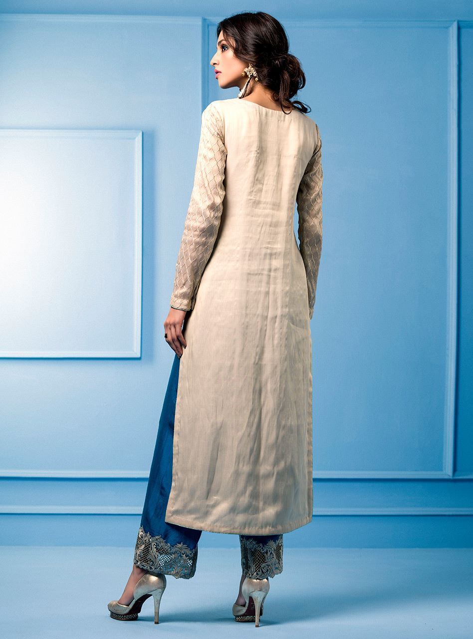 Beige Maysuri Embroidered Long Shirt with Teal Ijar (2-Piece) - Image 3