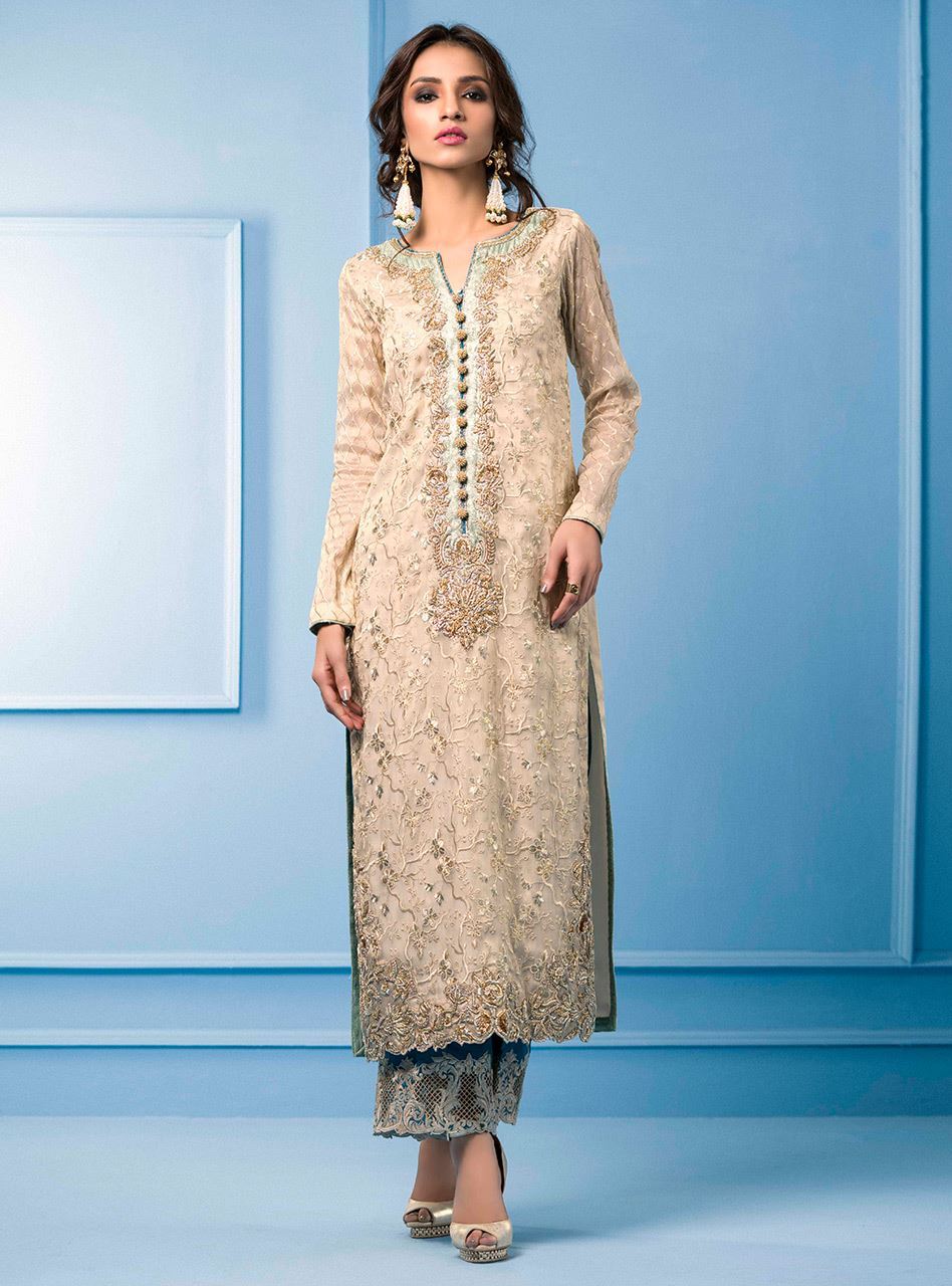 Beige Maysuri Embroidered Long Shirt with Teal Ijar (2-Piece) - Image 4