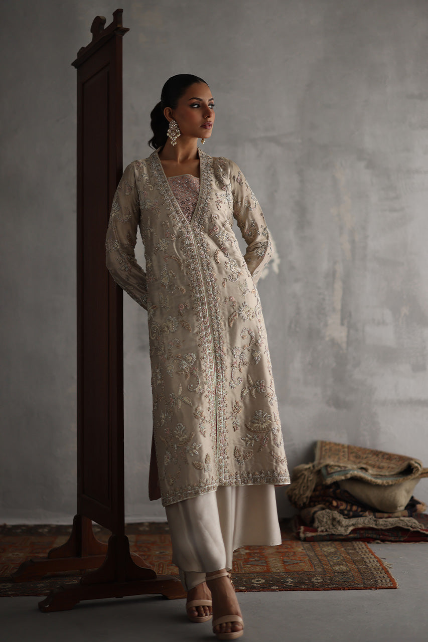 Pakistani Tea Pink & Ivory Zardozi Meysuri Jacket (2-Piece) - Image 5