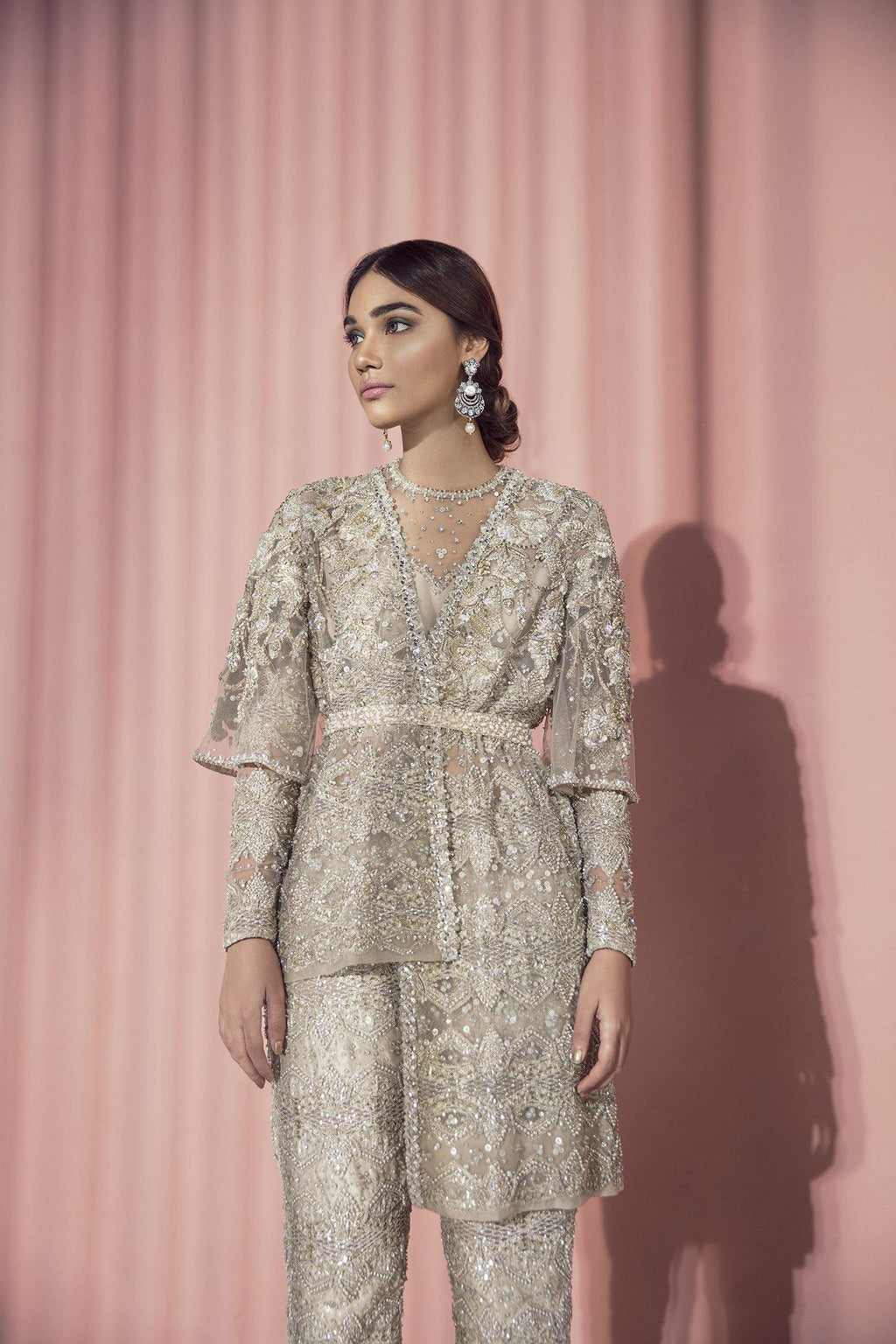 Pakistani Taupe Handworked Net Jacket and Pants (2-Piece) - Image 1