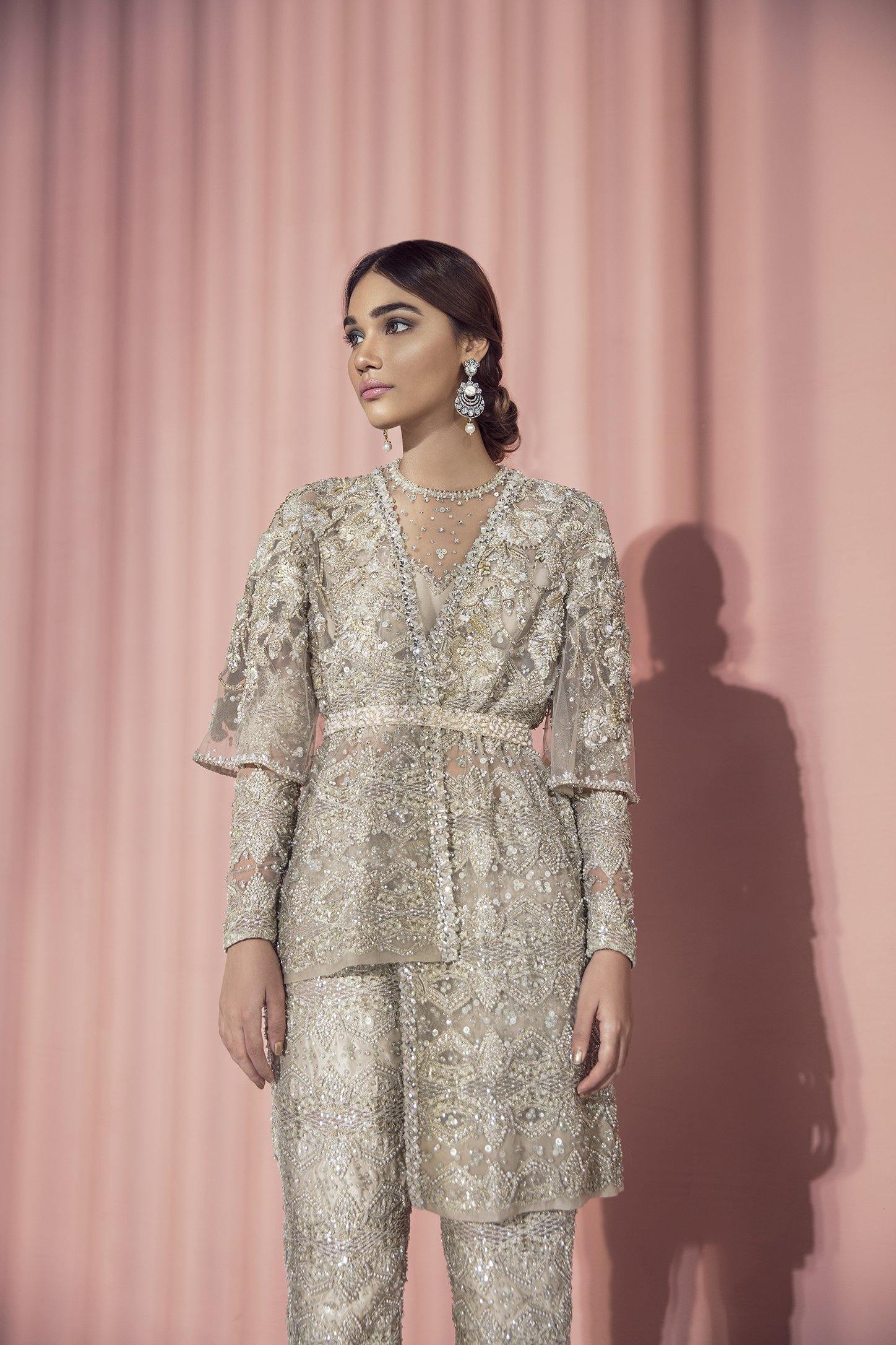 Pakistani Taupe Handworked Net Jacket and Pants (2-Piece) - Image 2