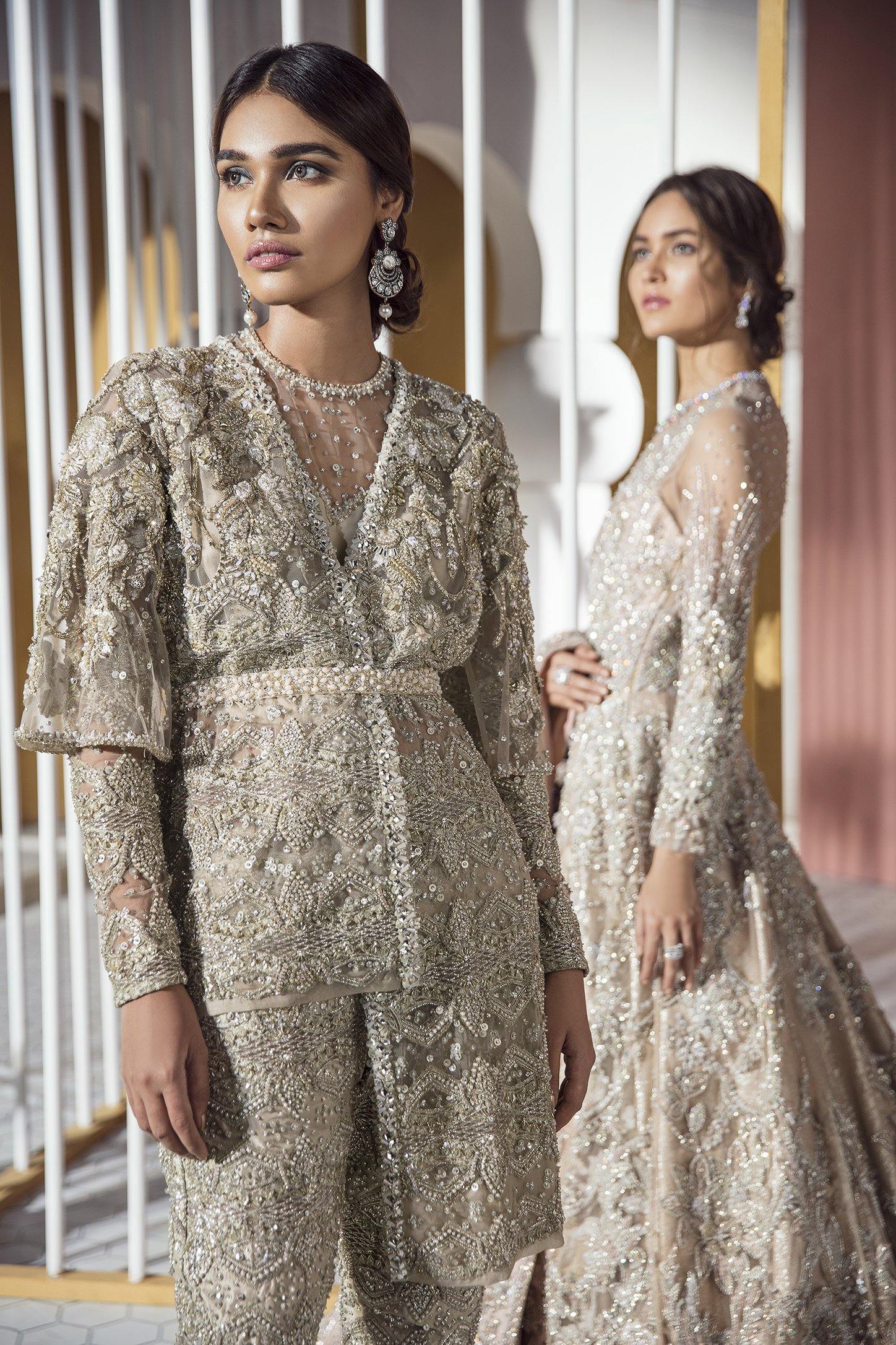 Pakistani Taupe Handworked Net Jacket and Pants (2-Piece) - Image 3