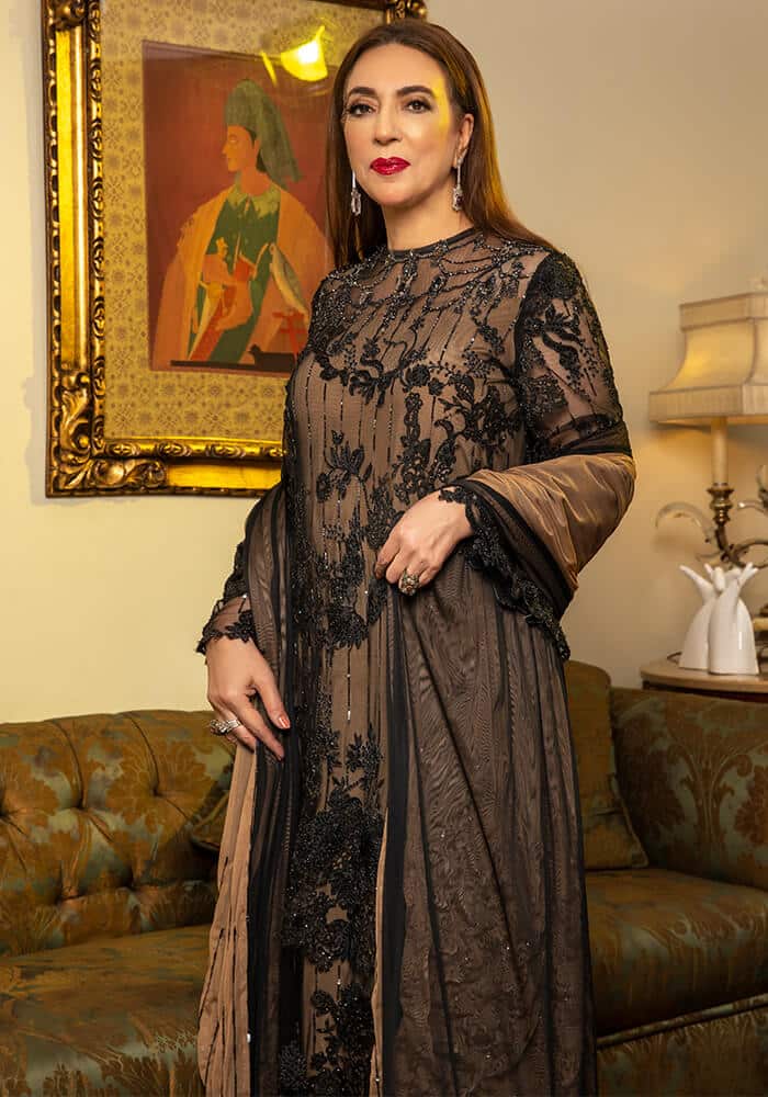 Fawn & Black Hand-Embellished Net Shirt (3-Piece) - Image 2