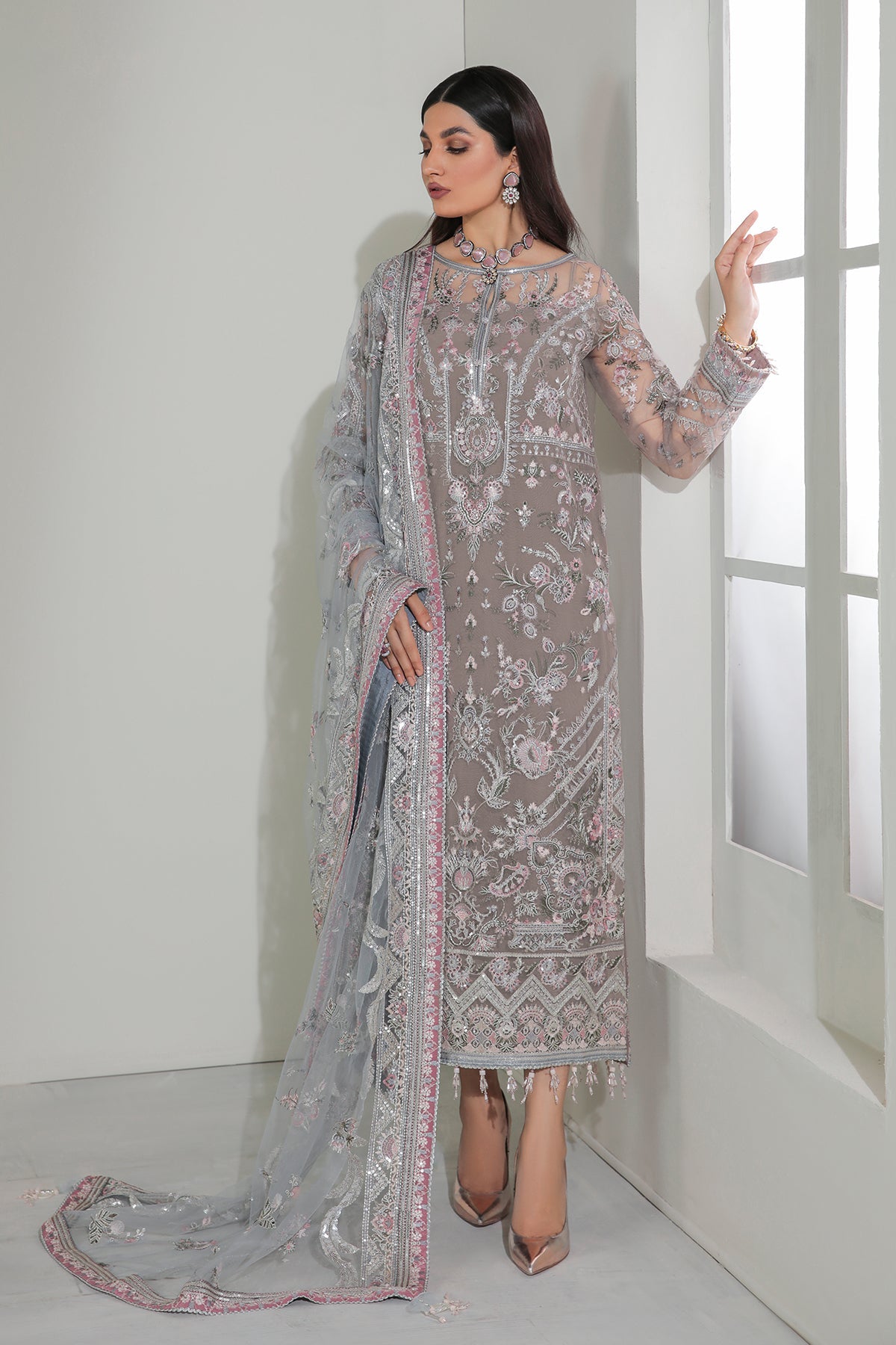 Taupe Embroidered Net Salwar Kameez (3-Piece) - Image 1