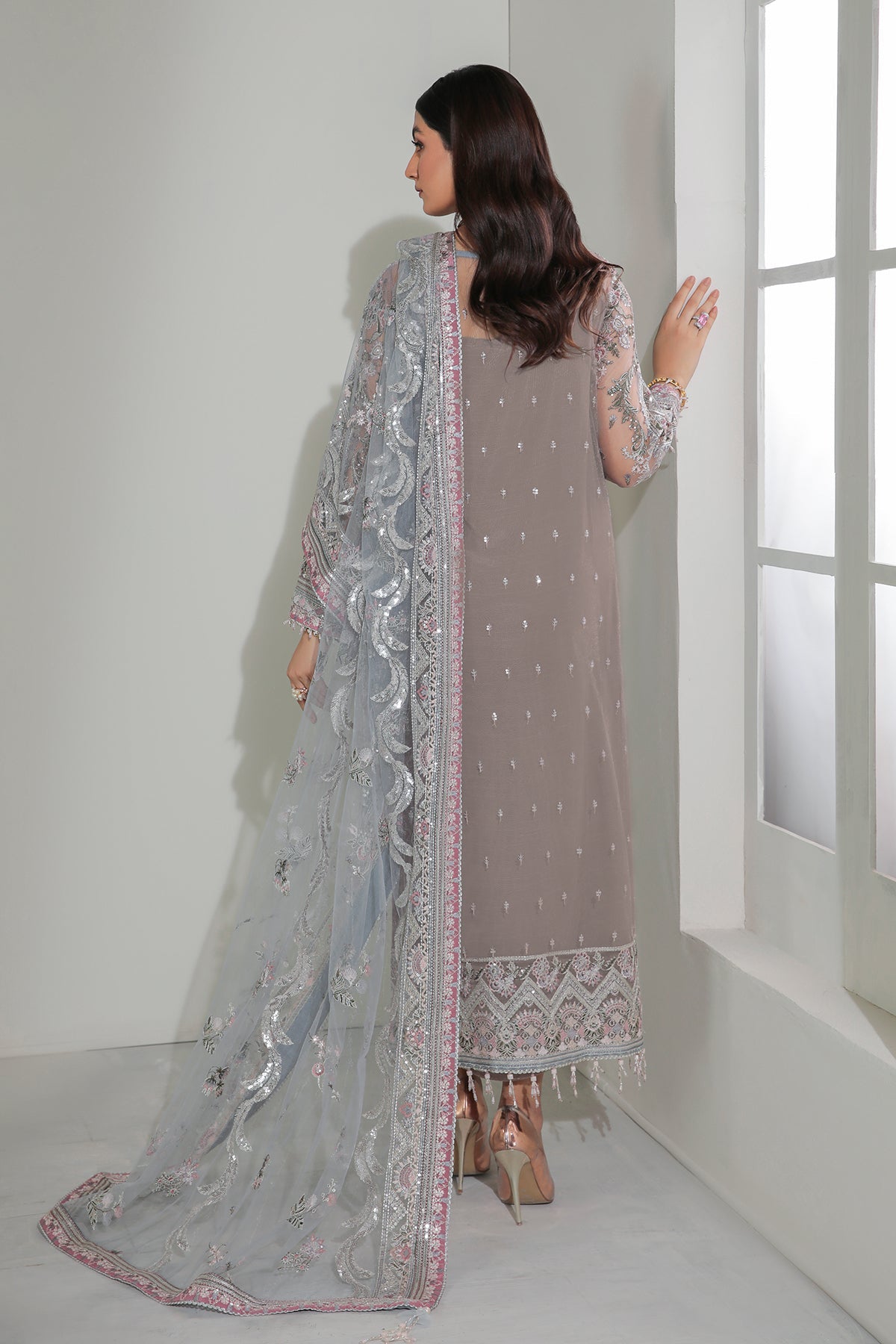 Taupe Embroidered Net Salwar Kameez (3-Piece) - Image 2