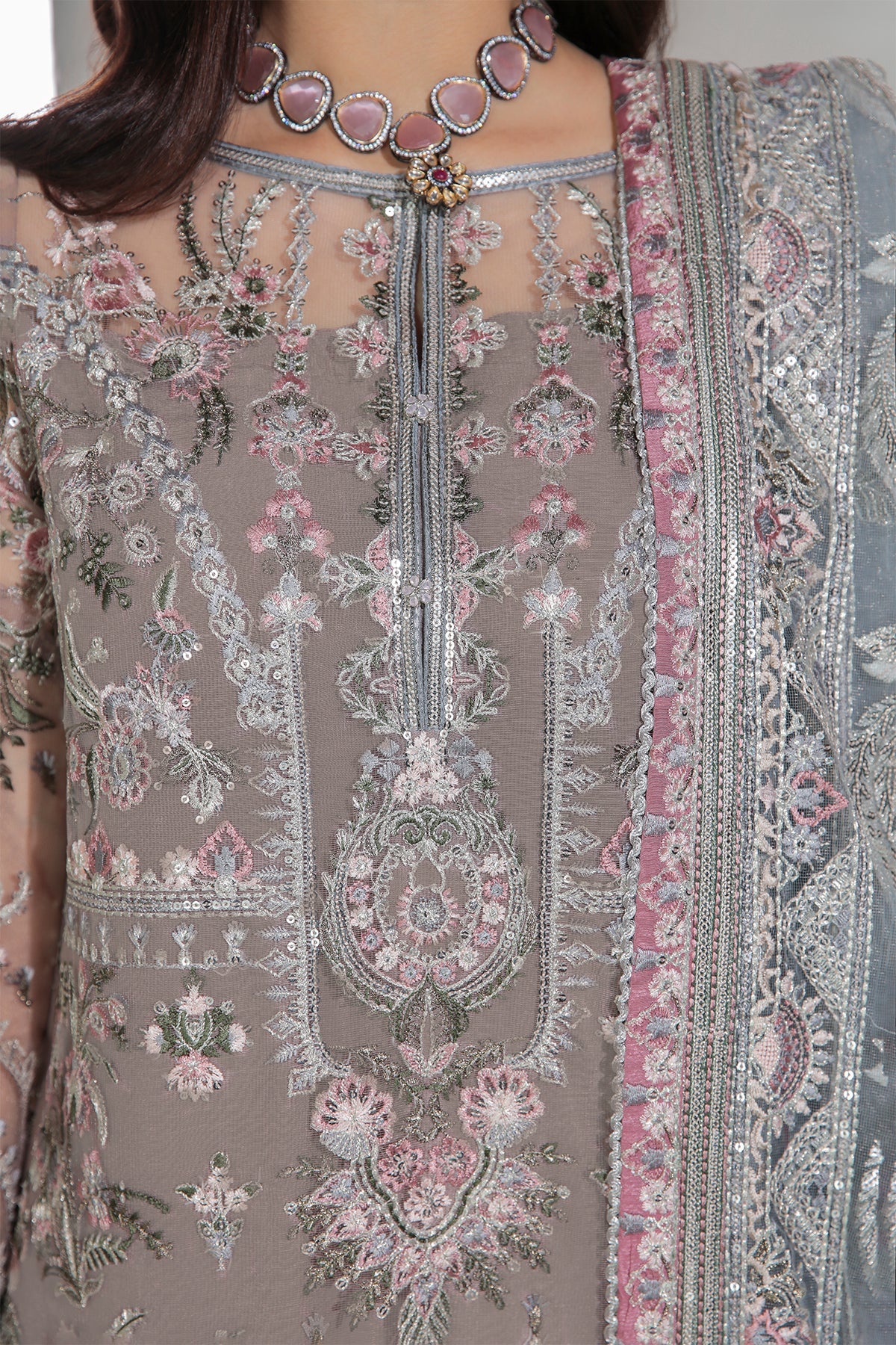 Taupe Embroidered Net Salwar Kameez (3-Piece) - Image 3