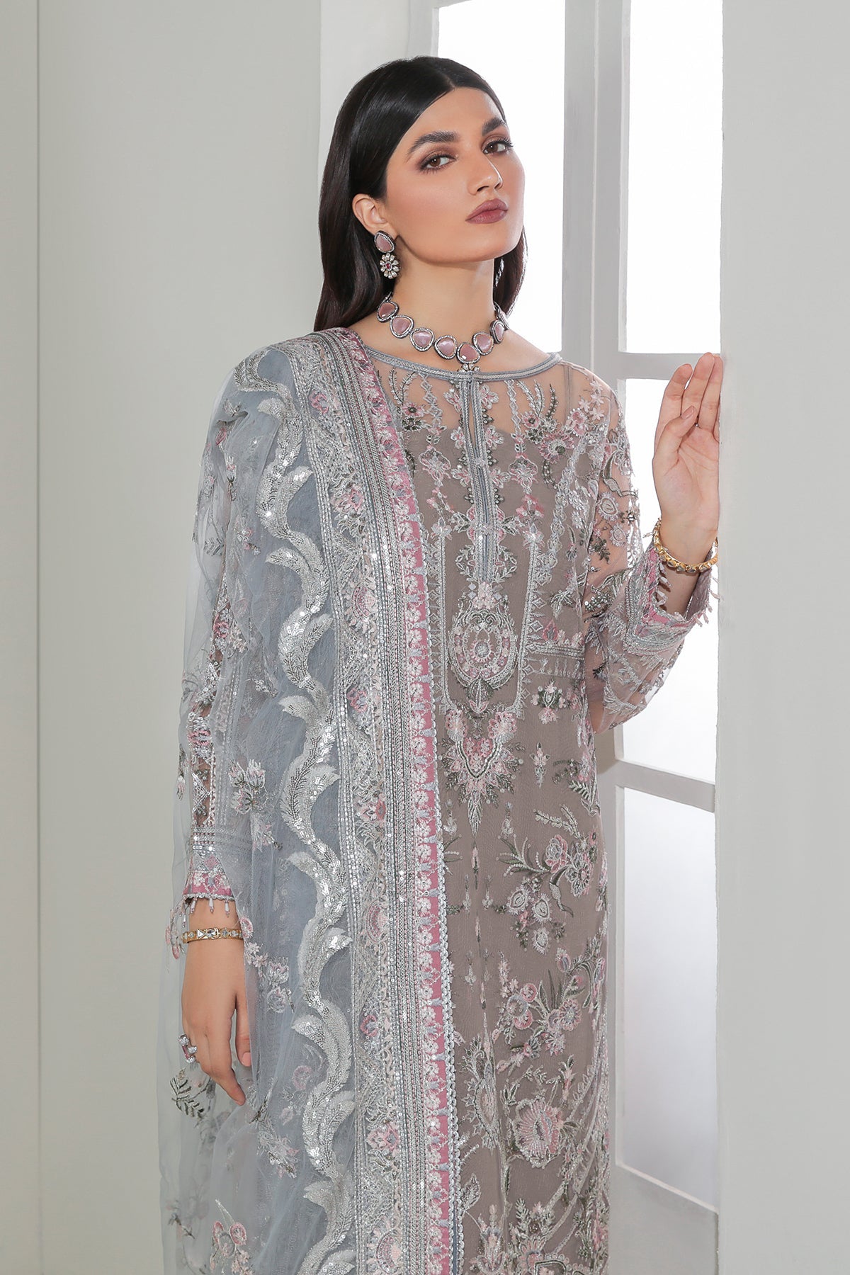 Taupe Embroidered Net Salwar Kameez (3-Piece) - Image 4