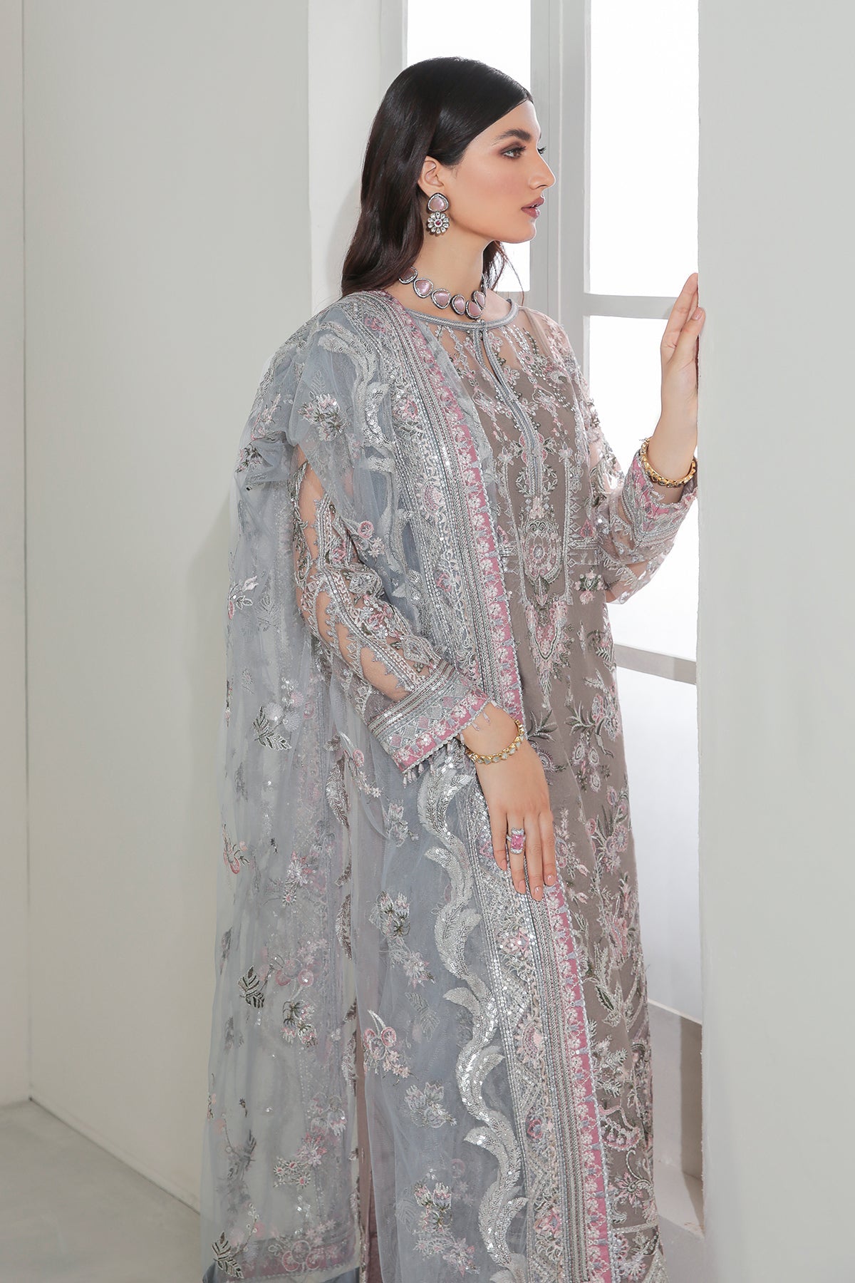 Taupe Embroidered Net Salwar Kameez (3-Piece) - Image 5