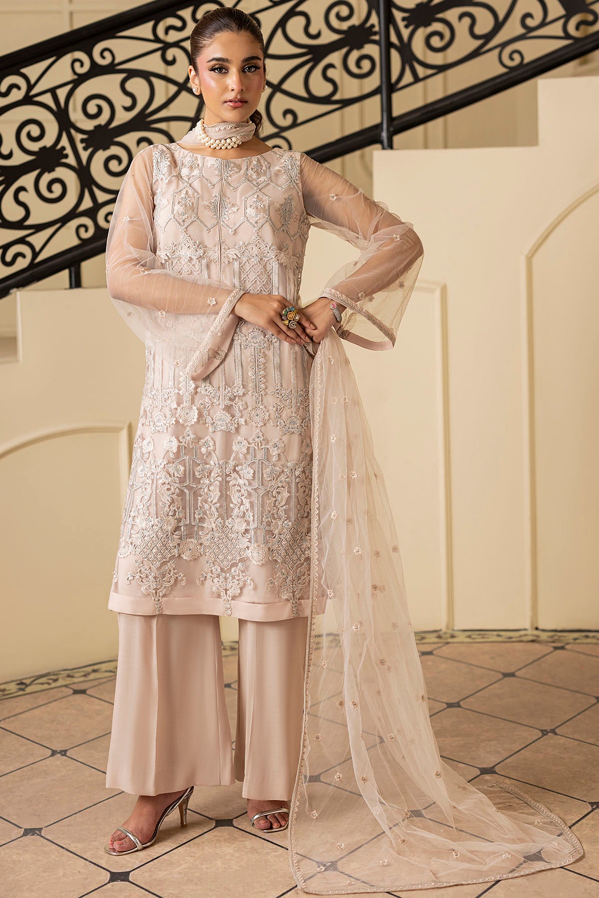 Soft Beige Embroidered Net Salwar Kameez (3-Piece) - Image 2