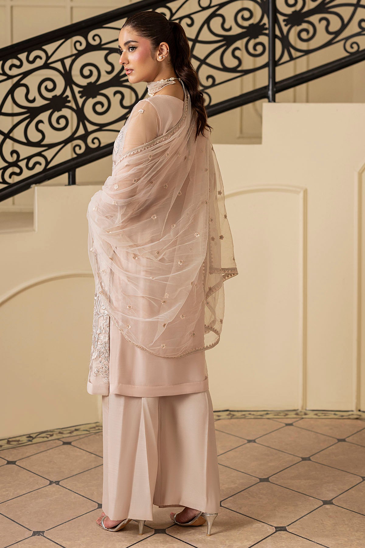 Soft Beige Embroidered Net Salwar Kameez (3-Piece) - Image 5