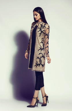 Beige Beaded Net Jacket Salwar Kameez (3-Piece) - Image 1