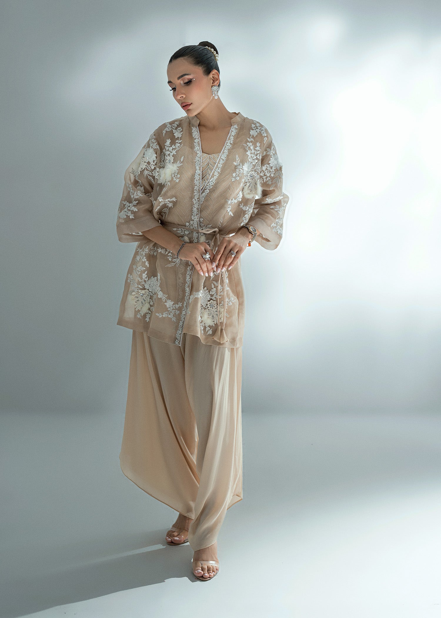 Pakistani Champagne Beige Embroidered Organza Jacket & Crepe Shalwar (2-Piece) - Image 1